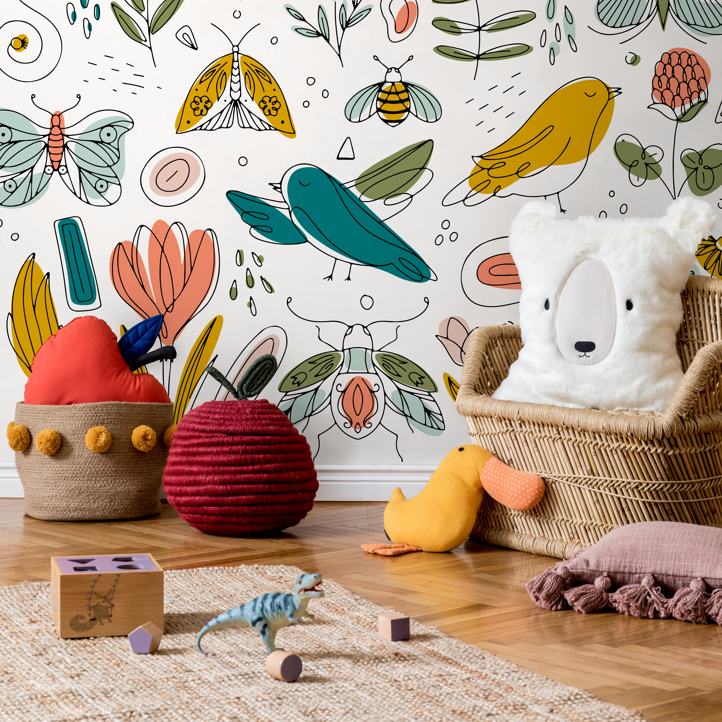 Illustrative Wallpaper With Whimsical Flora And Fauna In Yellow, Teal, And Pink - B982