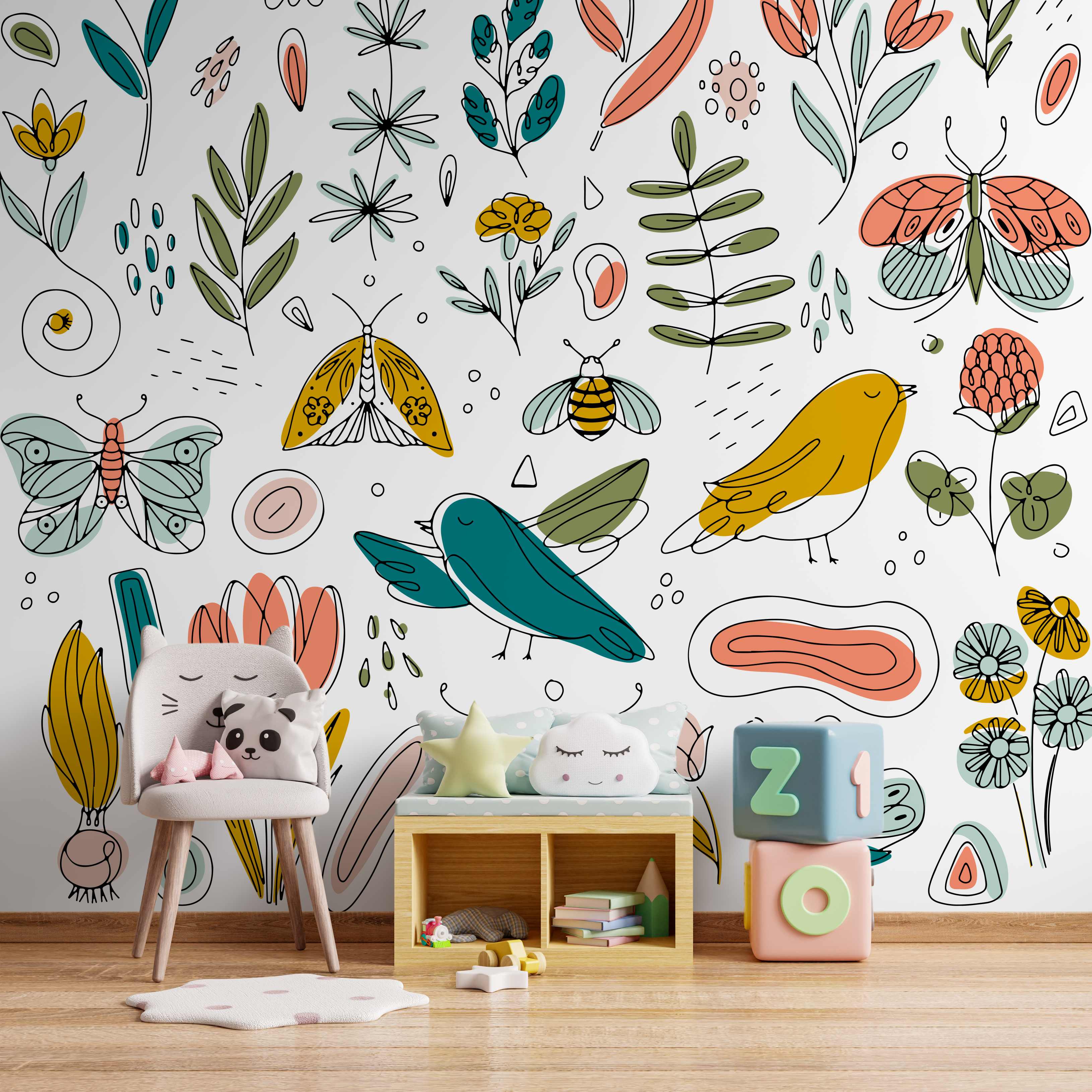 Illustrative Wallpaper With Whimsical Flora And Fauna In Yellow, Teal, And Pink - B982