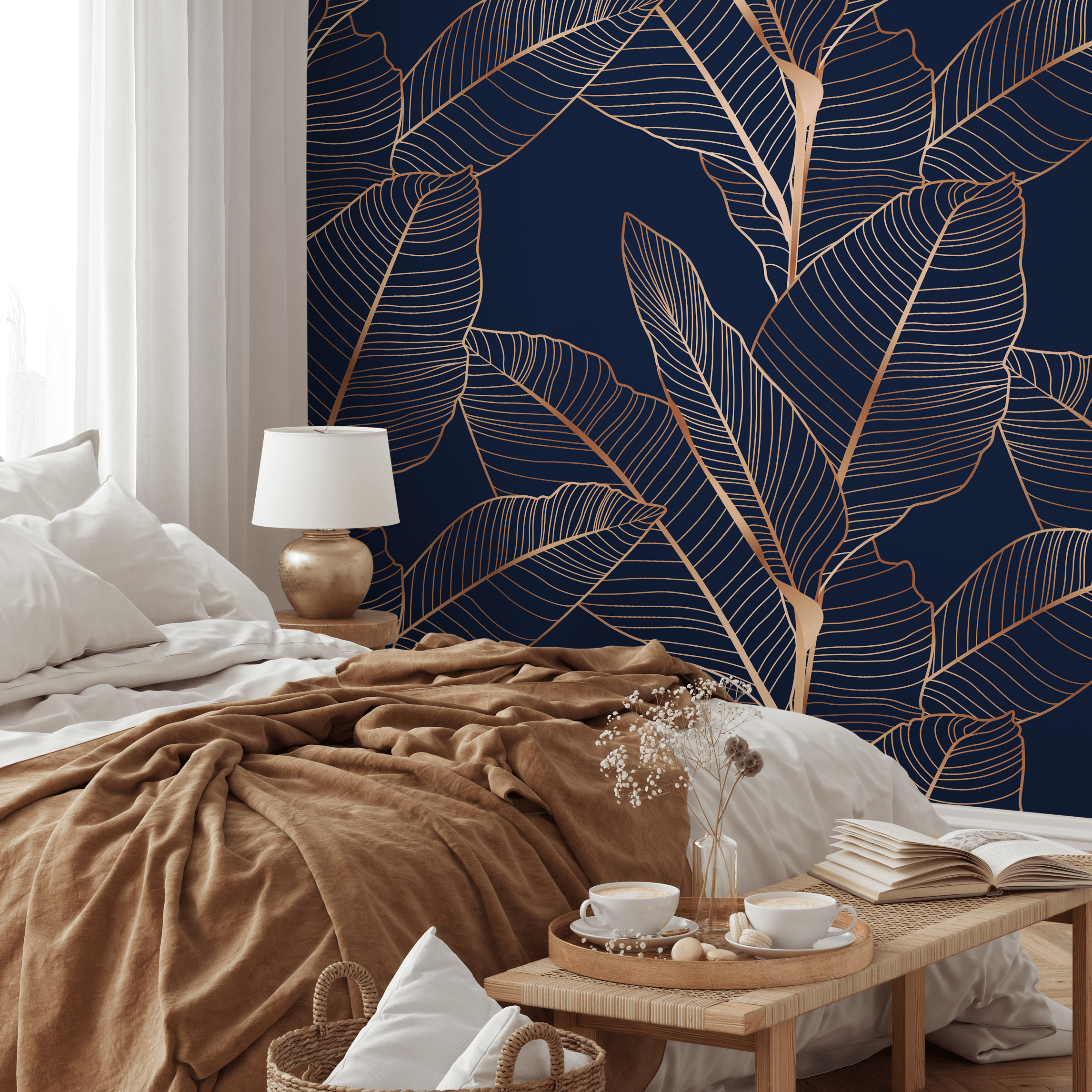 Botanical Wallpaper With An Elegant Leaf Motif In Navy Blue And Gold - B983