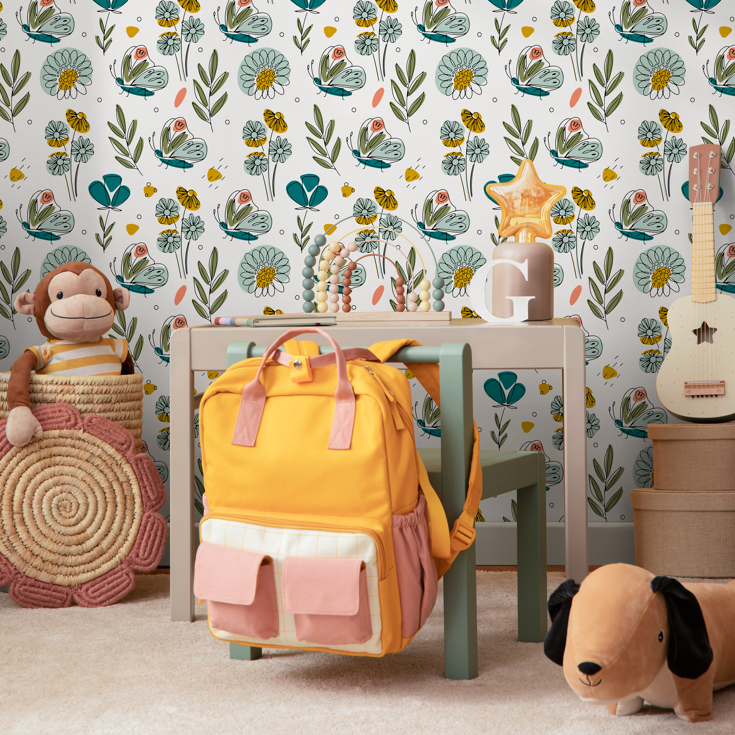 Botanical Wallpaper With Whimsical Butterflies And Flowers In Teal, Yellow, And Green - B984