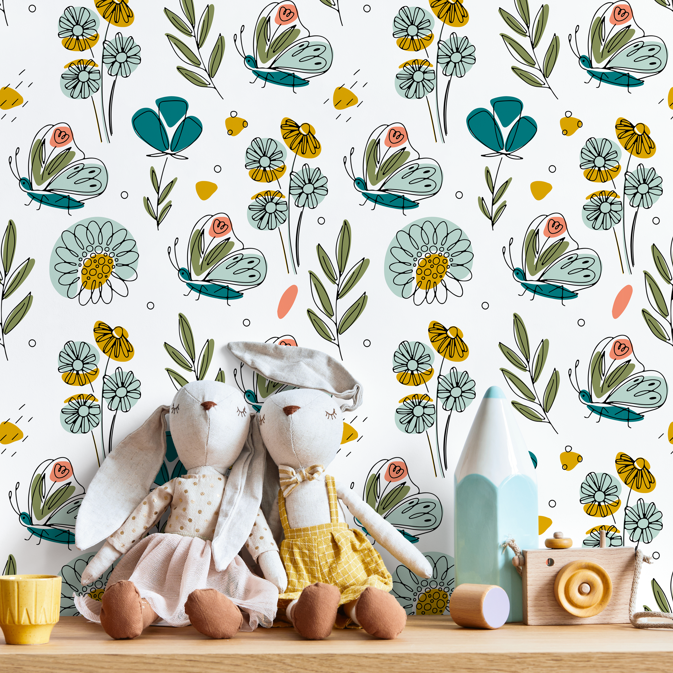 Botanical Wallpaper With Whimsical Butterflies And Flowers In Teal, Yellow, And Green - B984