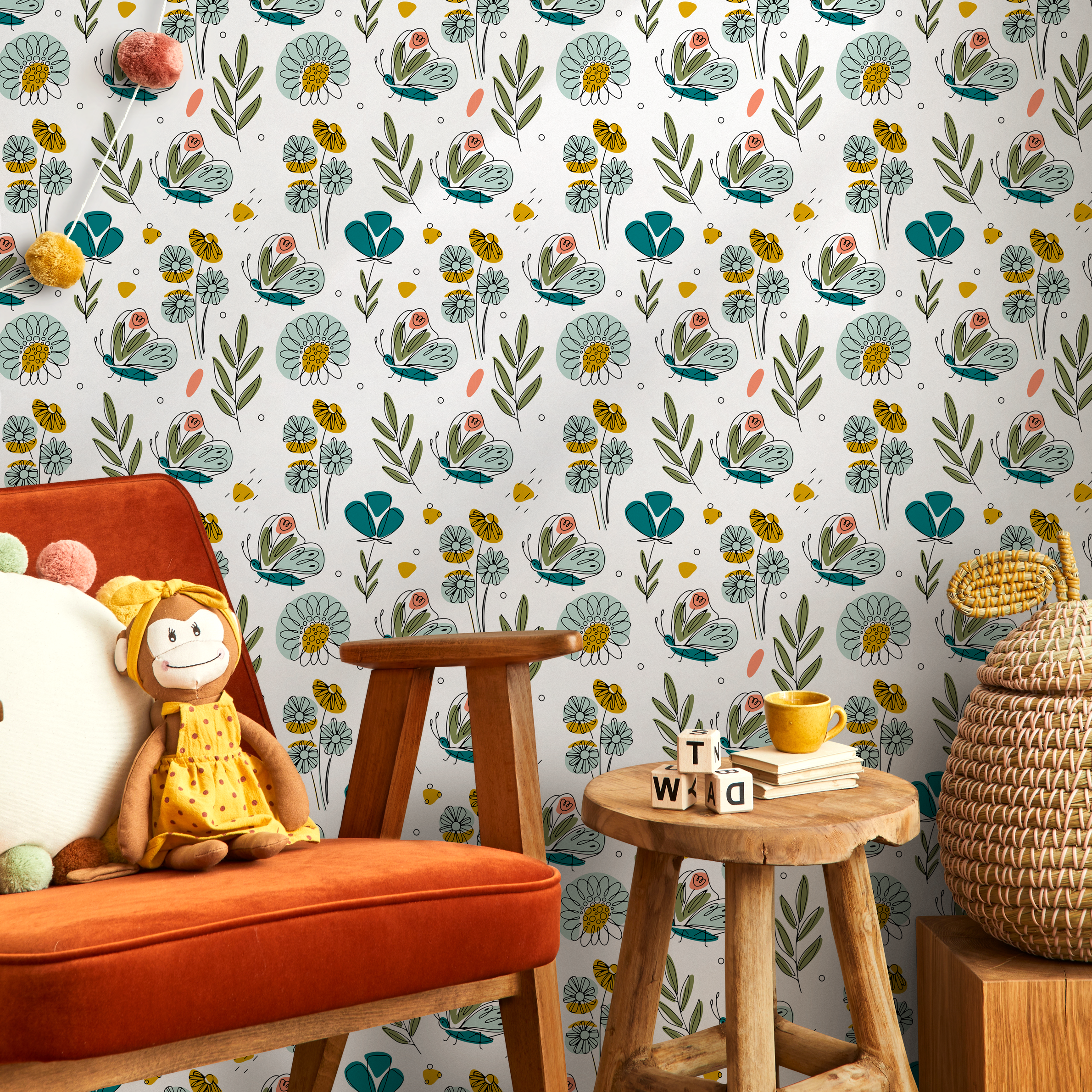 Botanical Wallpaper With Whimsical Butterflies And Flowers In Teal, Yellow, And Green - B984