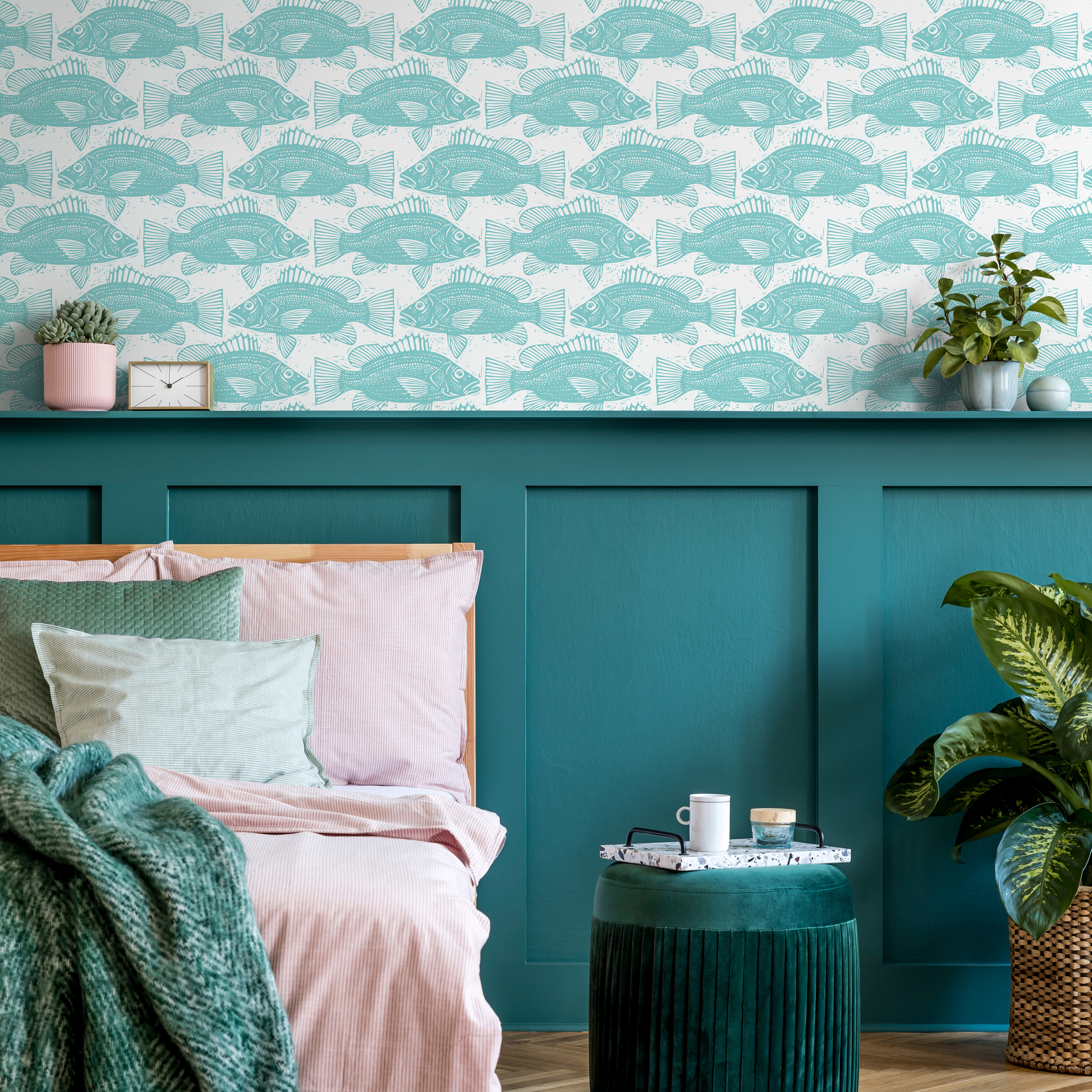 Coastal Wallpaper With A Block Print Fish Motif In Teal - B986