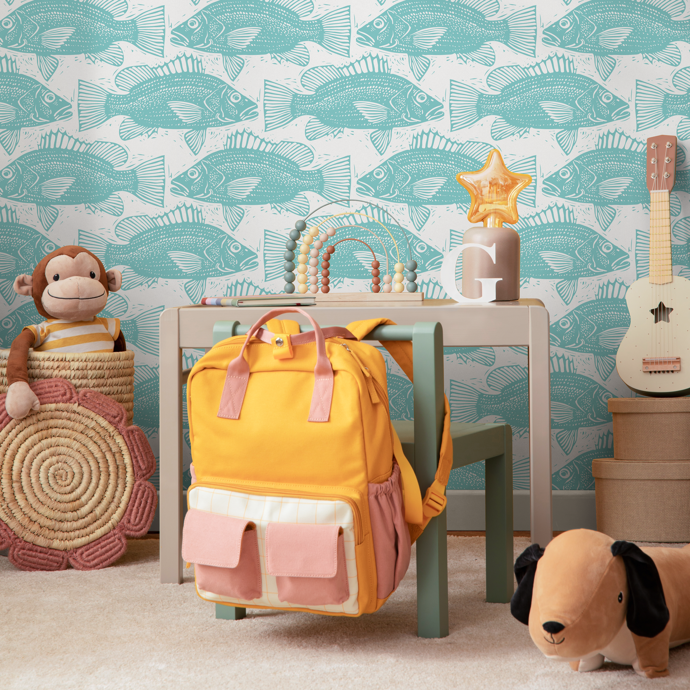 Coastal Wallpaper With A Block Print Fish Motif In Teal - B986