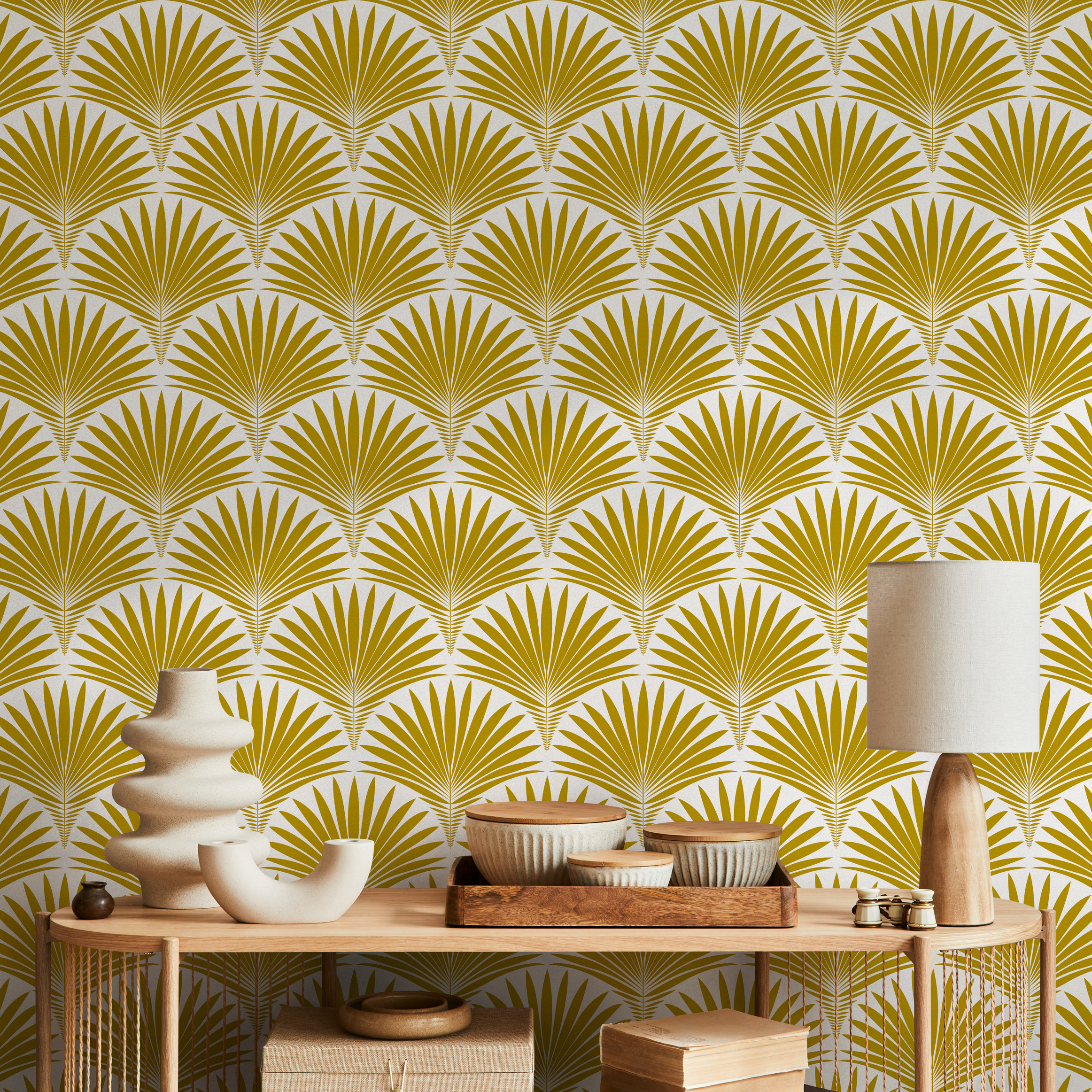 Art Deco Wallpaper With A Stylized Palm Frond Motif In Mustard Yellow - B987