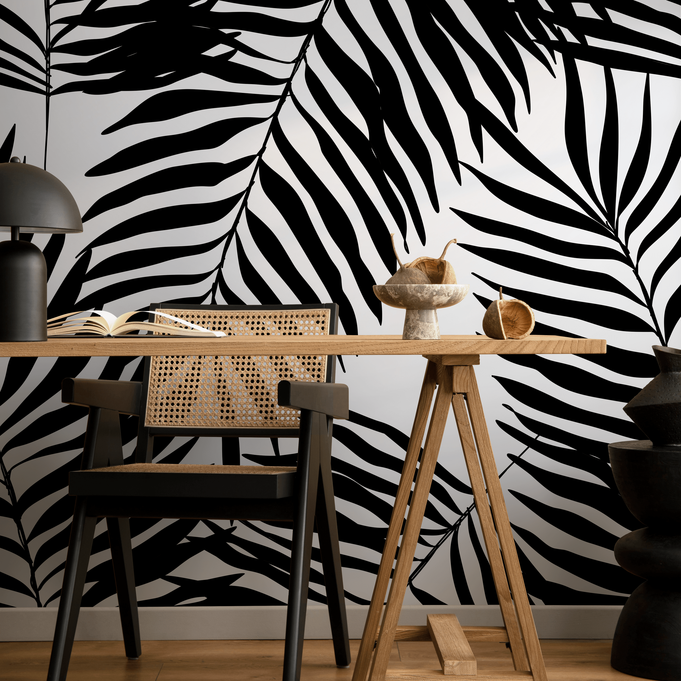 Botanical Wallpaper With Bold Palm Fronds In Black And White - B989