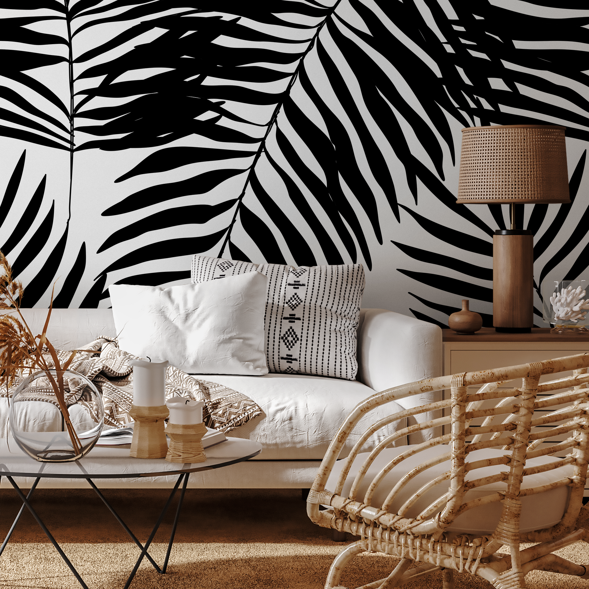 Botanical Wallpaper With Bold Palm Fronds In Black And White - B989