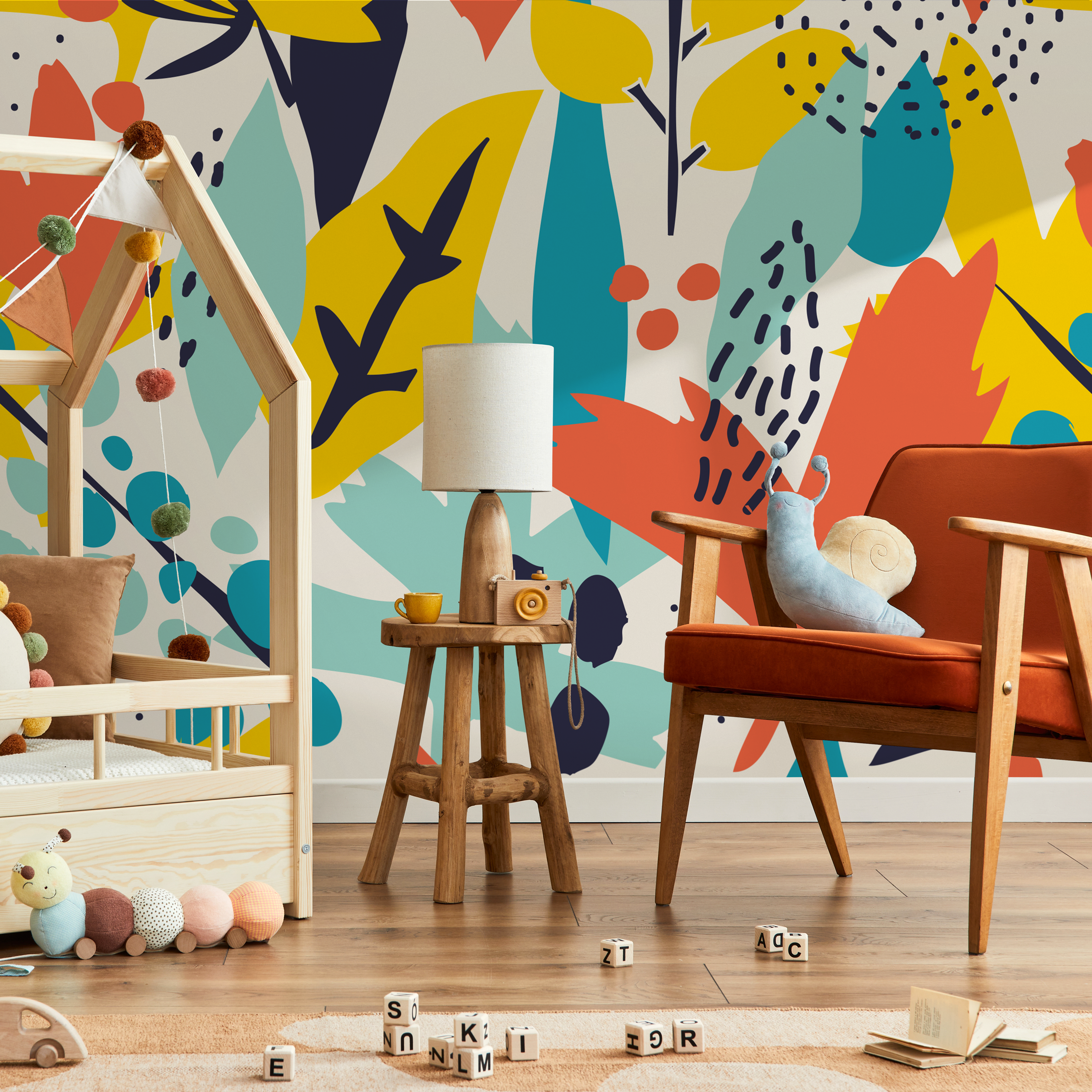 Abstract Wallpaper With A Bold Collage Motif In Yellow, Teal, And Orange - B990