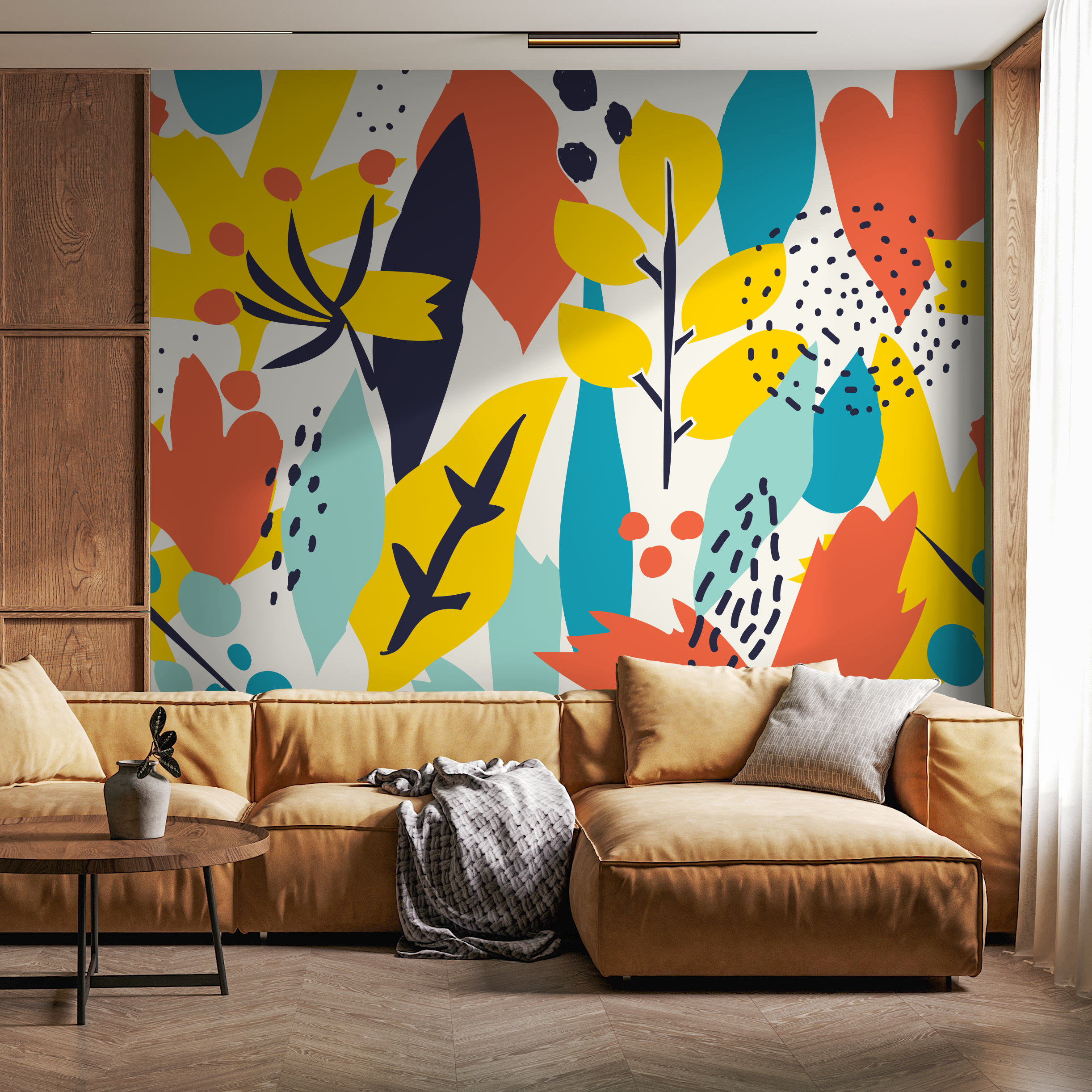 Abstract Wallpaper With A Bold Collage Motif In Yellow, Teal, And Orange - B990