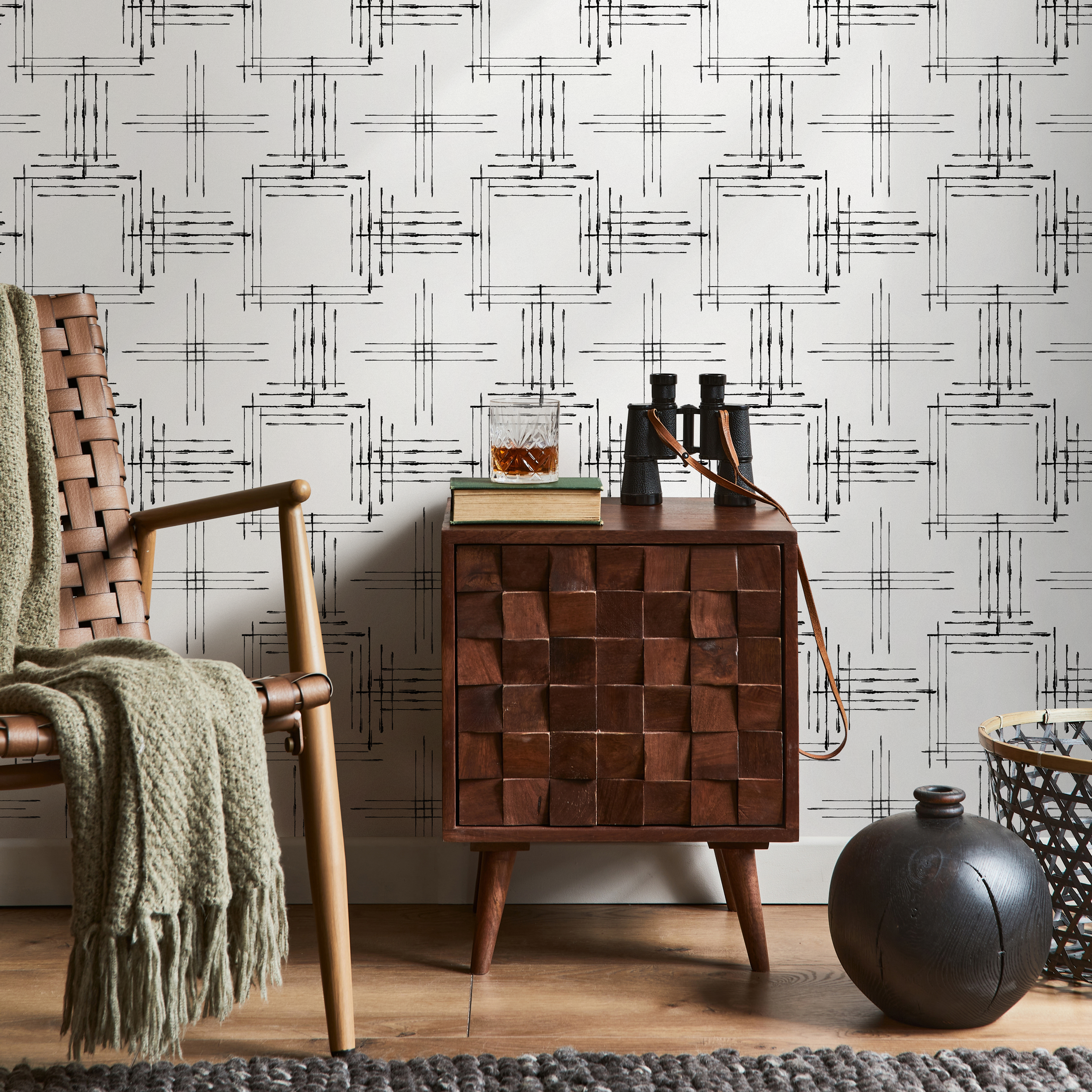 Geometric Wallpaper With A Sketched Grid Motif In Black And White - B992