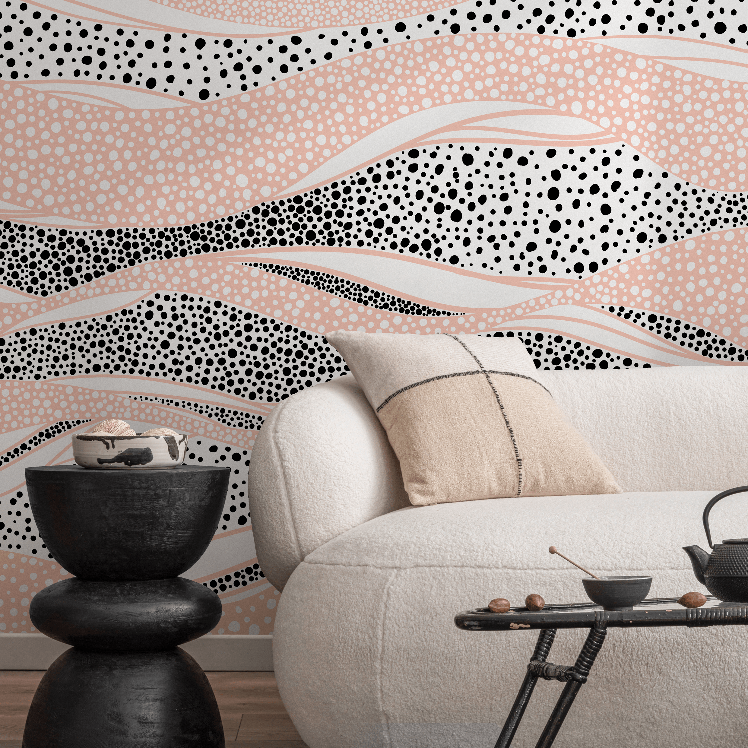 Abstract Wallpaper With Wavy Bands Of Dots In Pink, Black, And White - B995