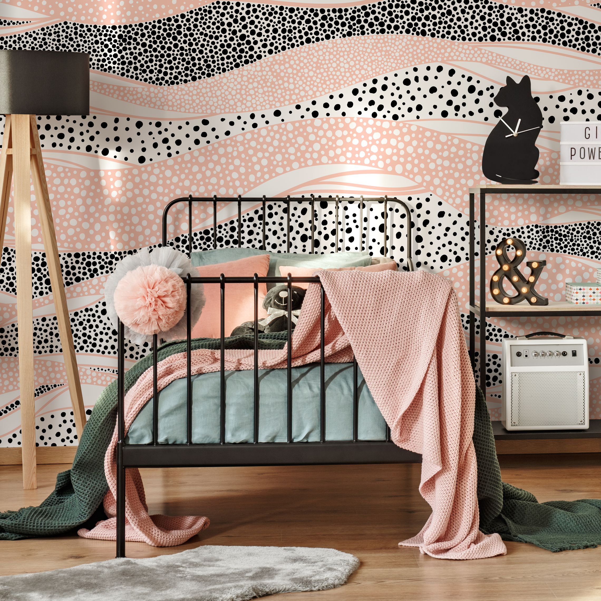 Abstract Wallpaper With Wavy Bands Of Dots In Pink, Black, And White - B995