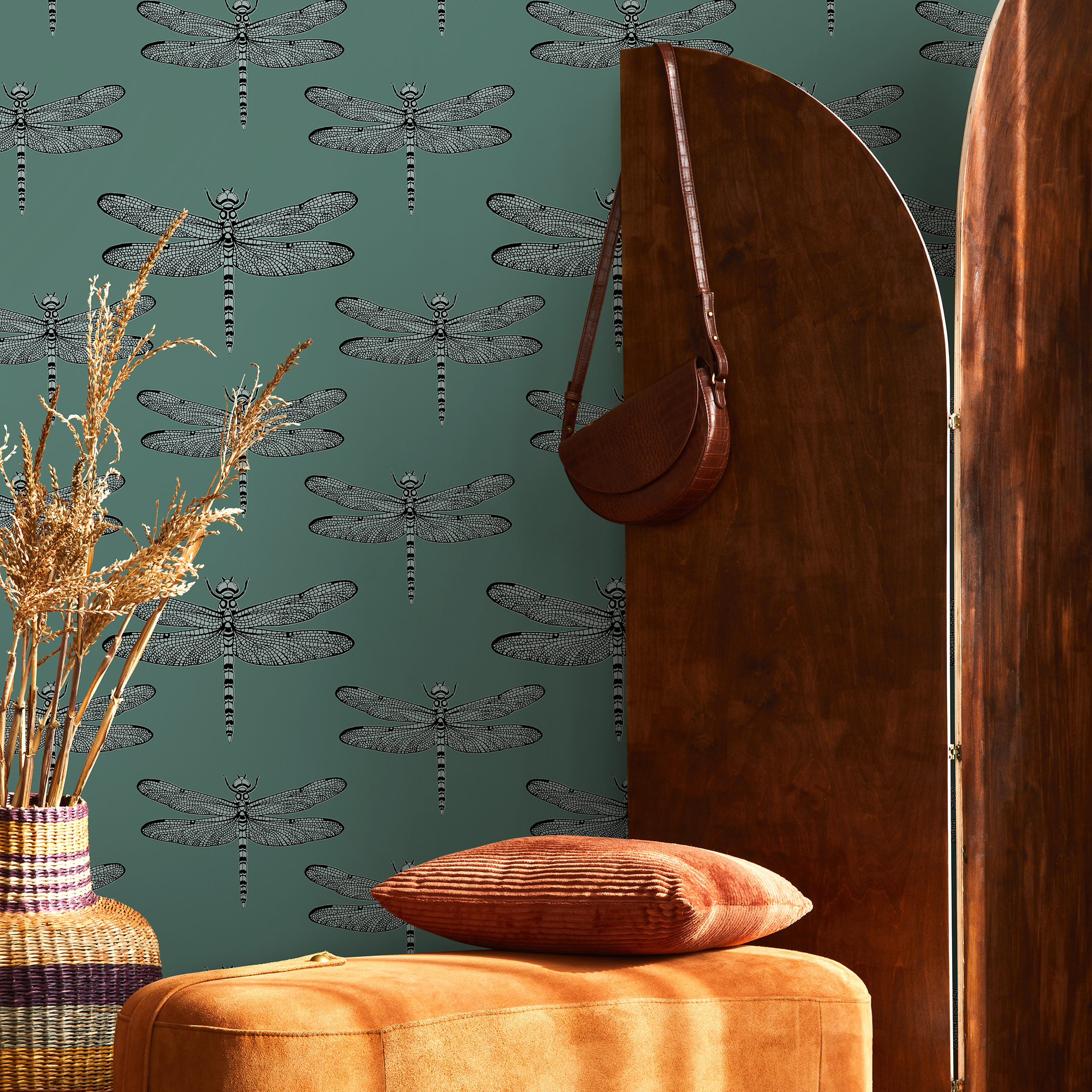 Insect Wallpaper With A Detailed Dragonfly Motif In Teal, Black, And Gray - B996