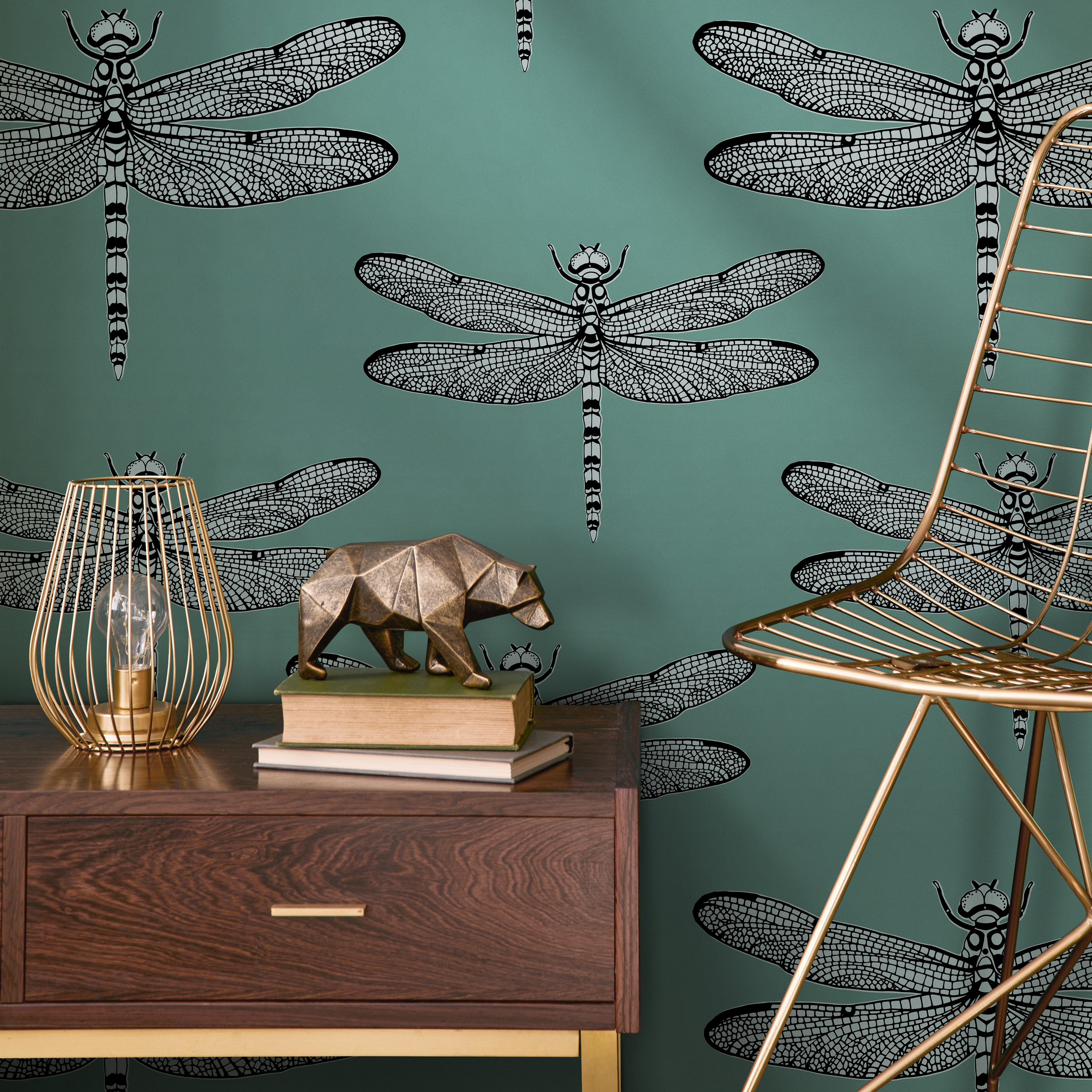 Insect Wallpaper With A Detailed Dragonfly Motif In Teal, Black, And Gray - B996