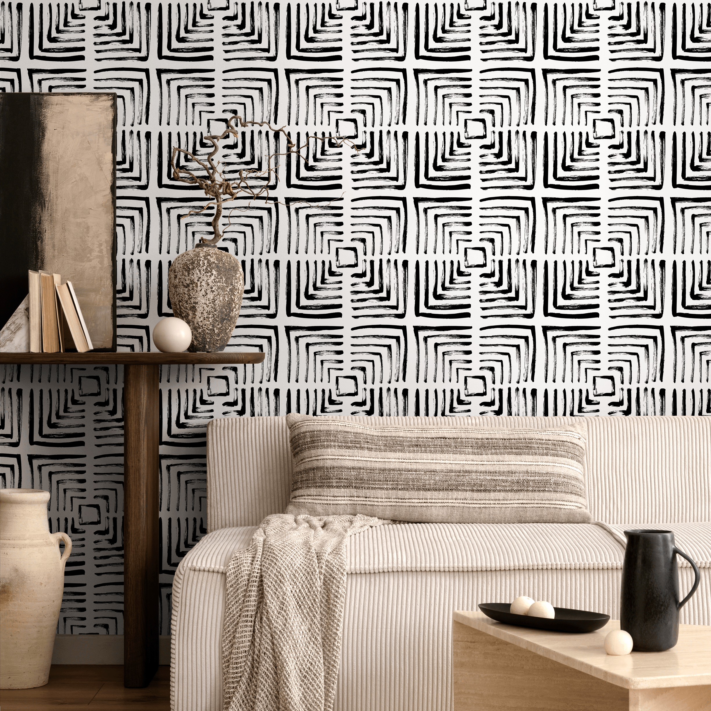 Geometric Wallpaper With A Brushstroke Maze Motif In Black And White - B997