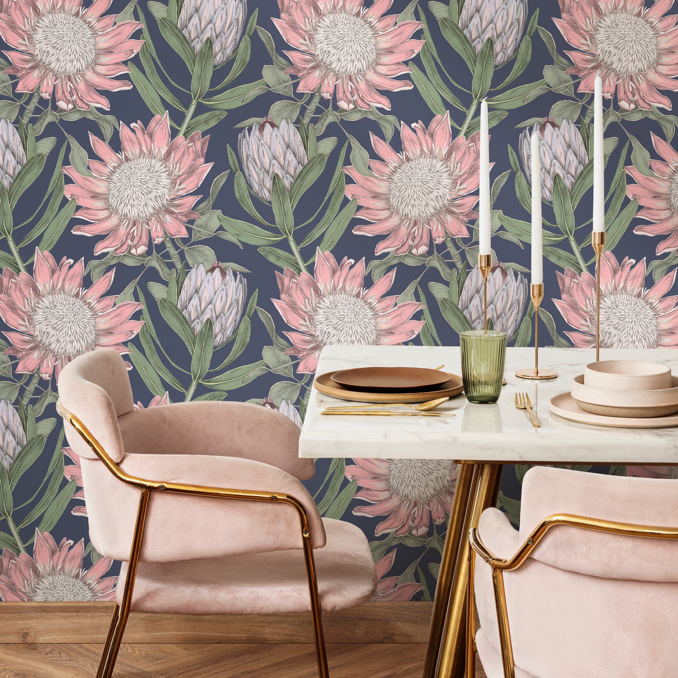 Botanical Wallpaper Featuring Protea Blooms In Pink, Green, And Navy Blue - B998