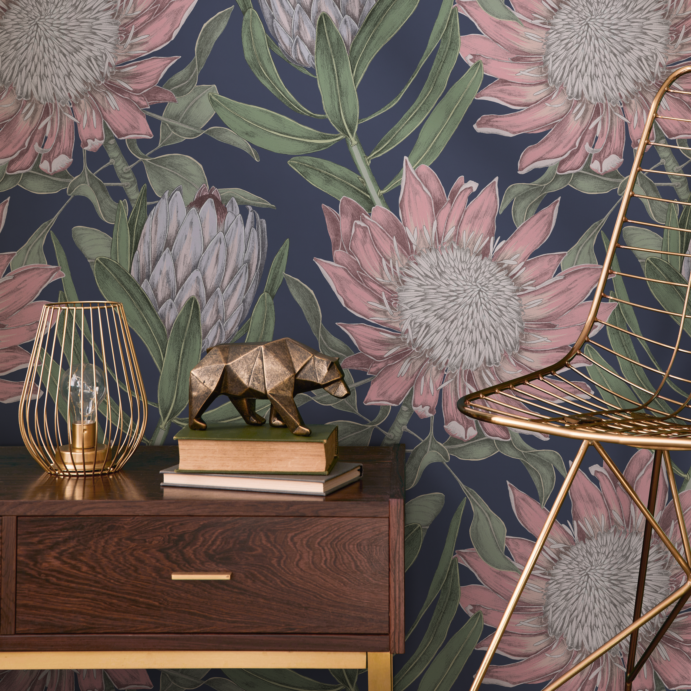 Botanical Wallpaper Featuring Protea Blooms In Pink, Green, And Navy Blue - B998