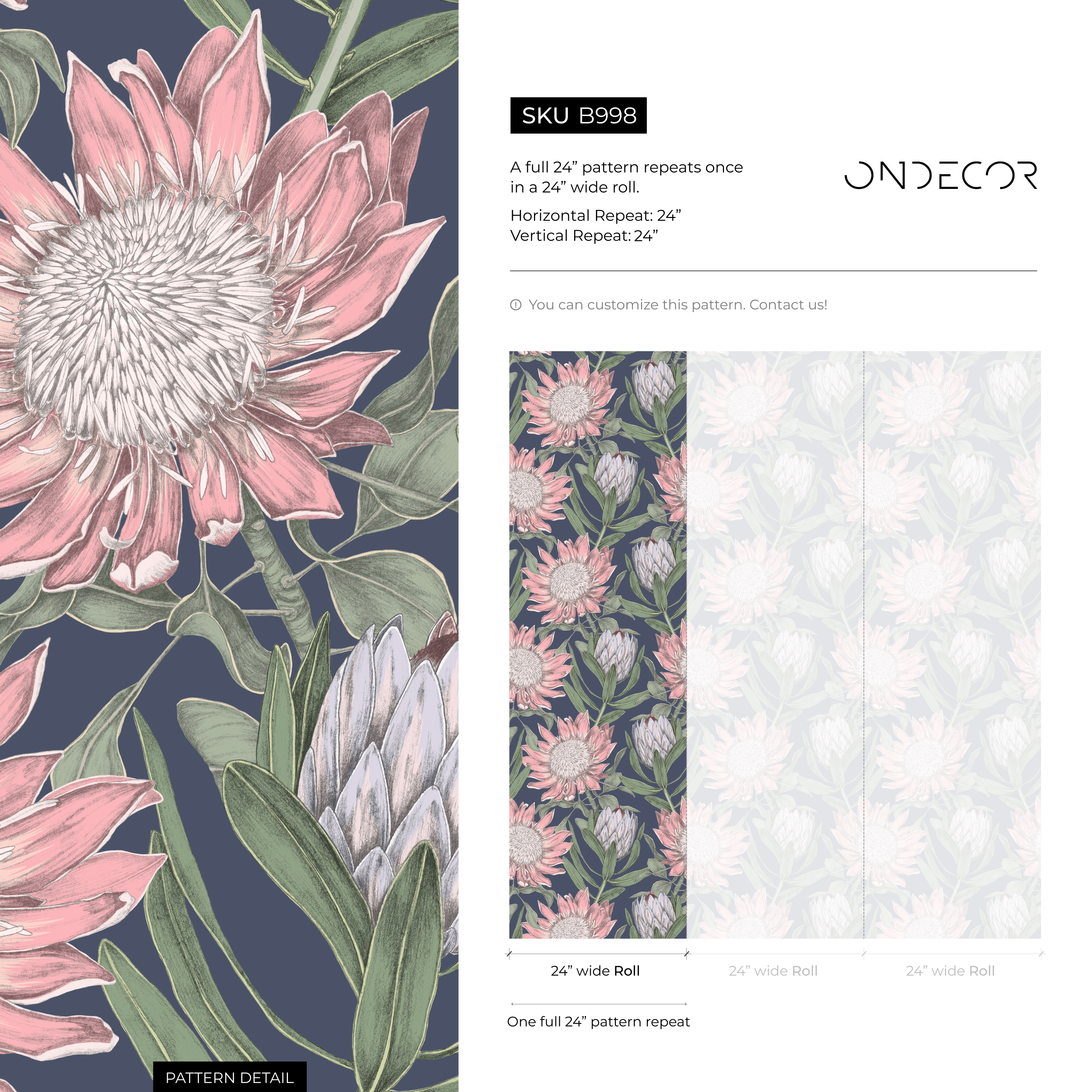 Botanical Wallpaper Featuring Protea Blooms In Pink, Green, And Navy Blue - B998