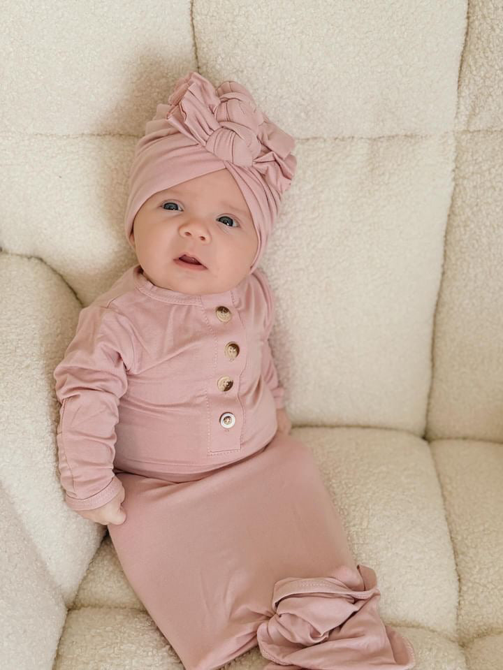 Newborn Knotted Gown And 3 Bow Turban Hat - Dusty Rose