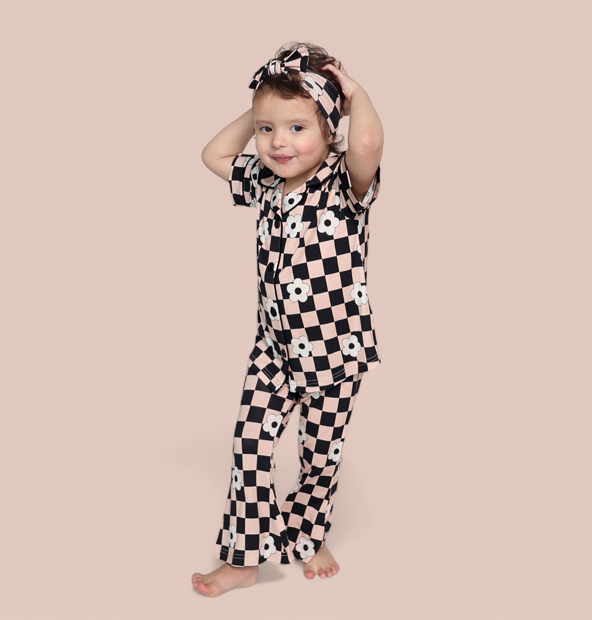 Retro Daisy Checks Short Sleeve Dream Girl's Flare Set