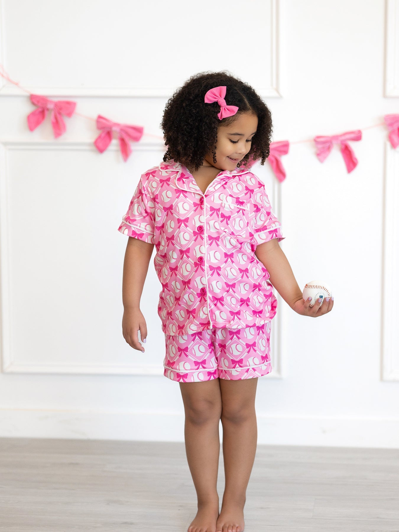 Girls Baseball Bow Print Pajama Set Short Sleeve Pink