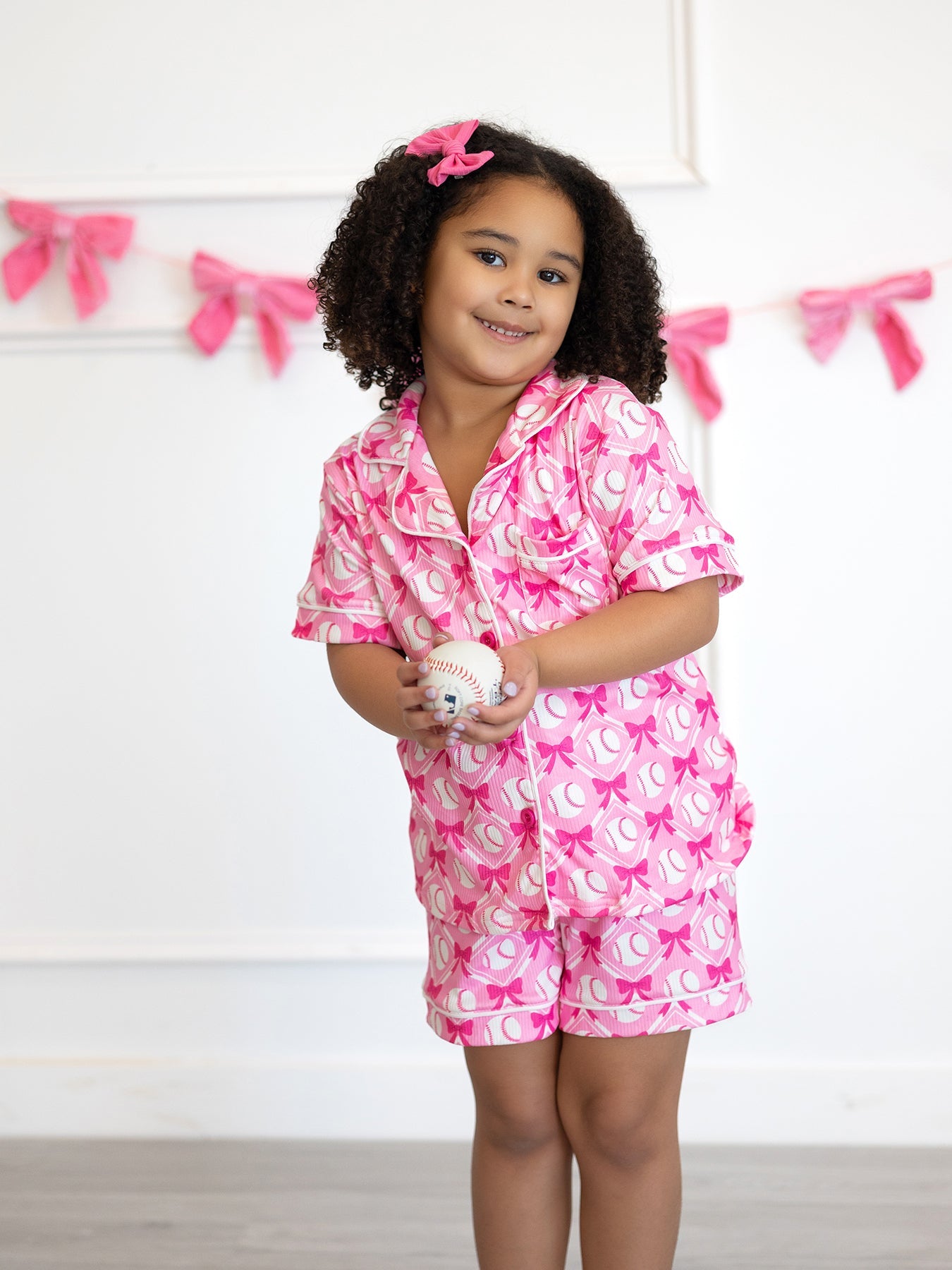 Girls Baseball Bow Print Pajama Set Short Sleeve Pink