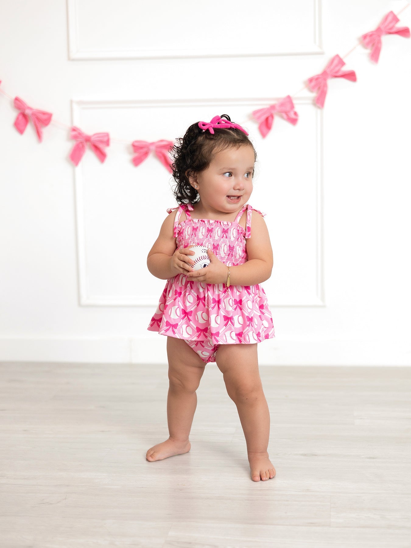 Baby Girl Pink Baseball Bow Print Romper Summer Outfit