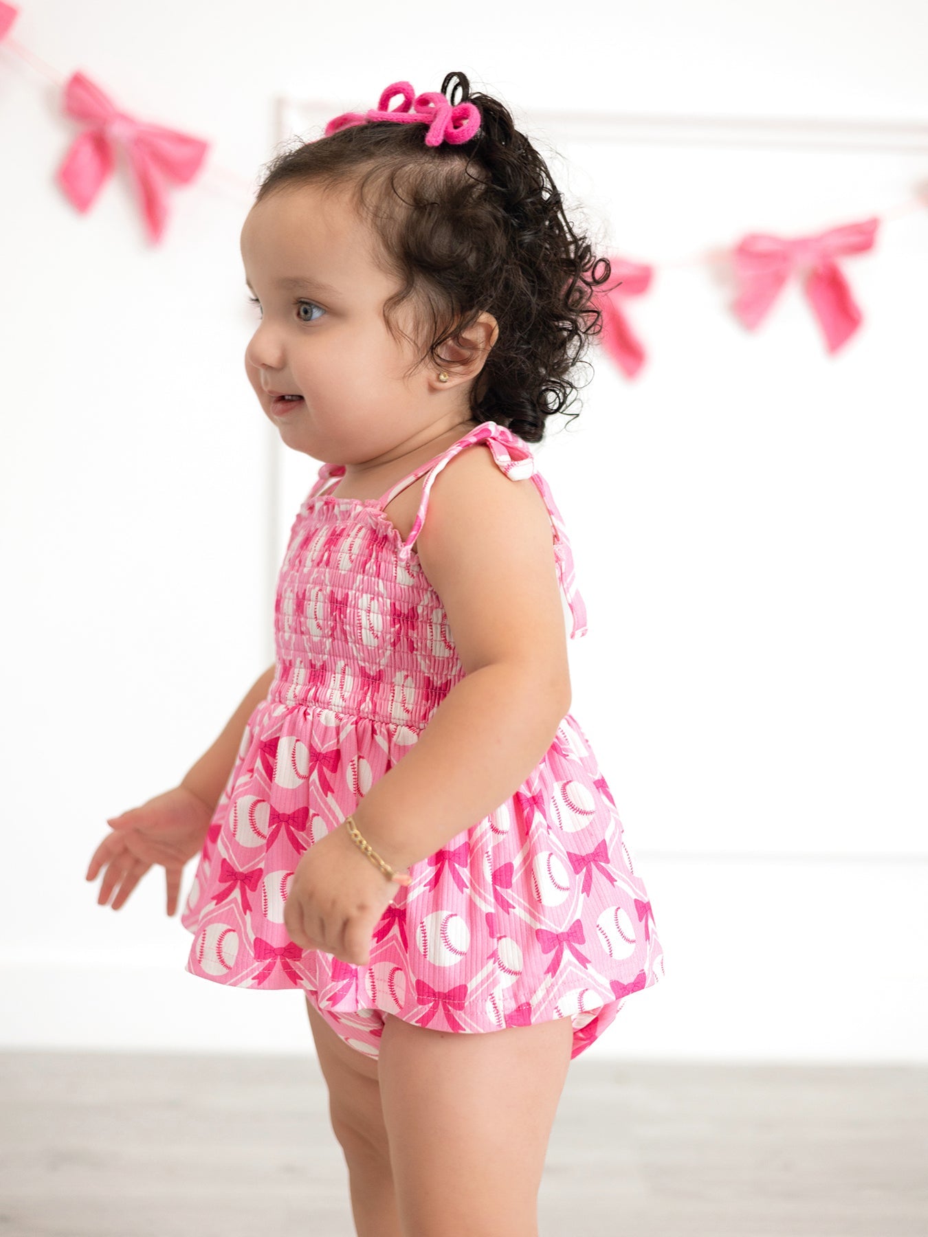 Baby Girl Pink Baseball Bow Print Romper Summer Outfit