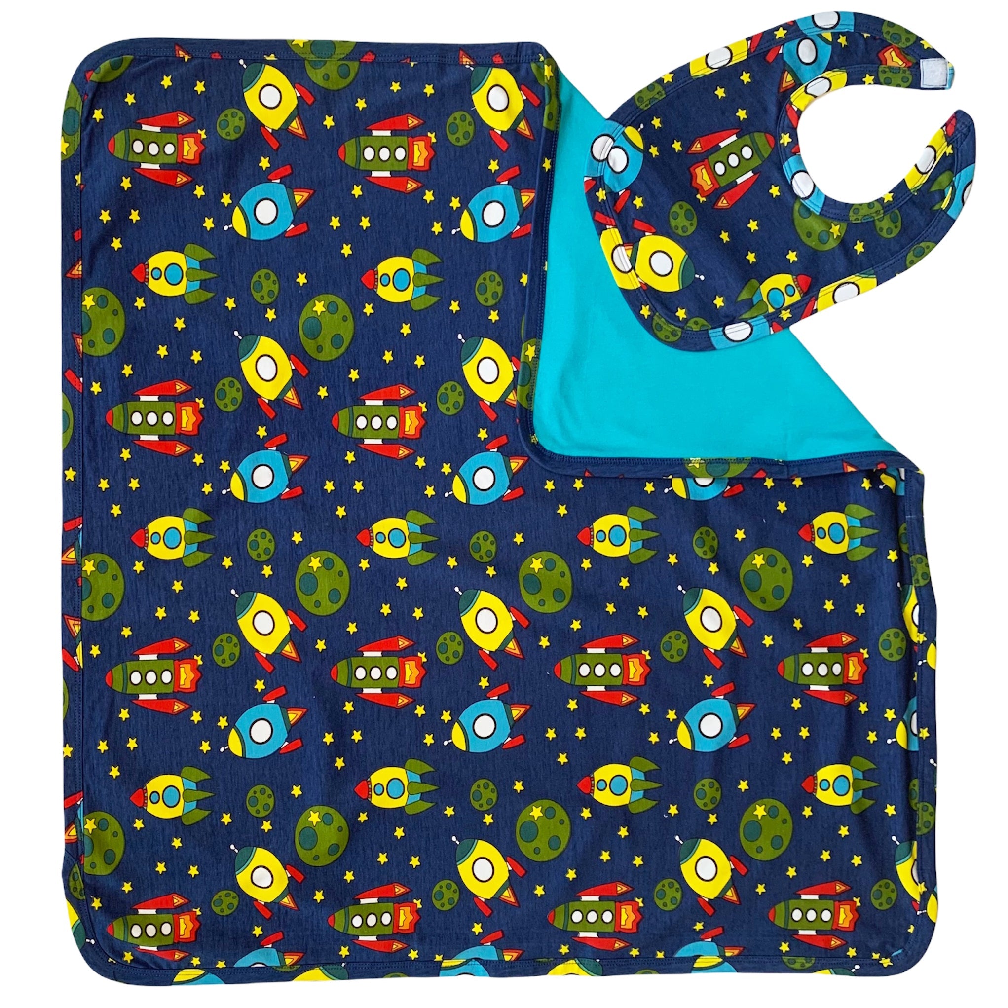 Annloren Baby Toddler Boy Space Ship Blanket & Bib Gift Set 2 Pc Knit Cotton