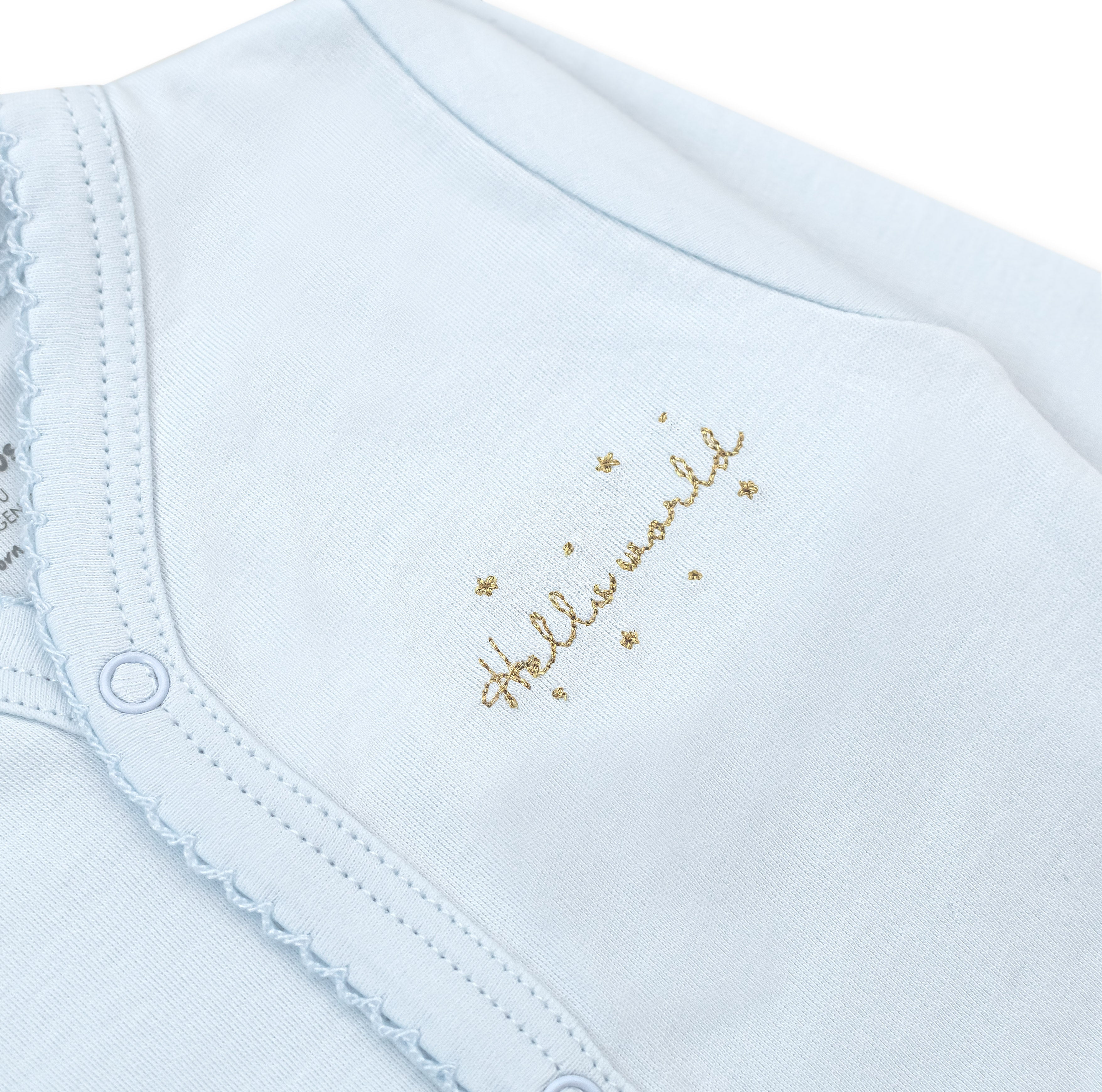 Hello World Long Sleeve Snapped Bodysuit, Blue