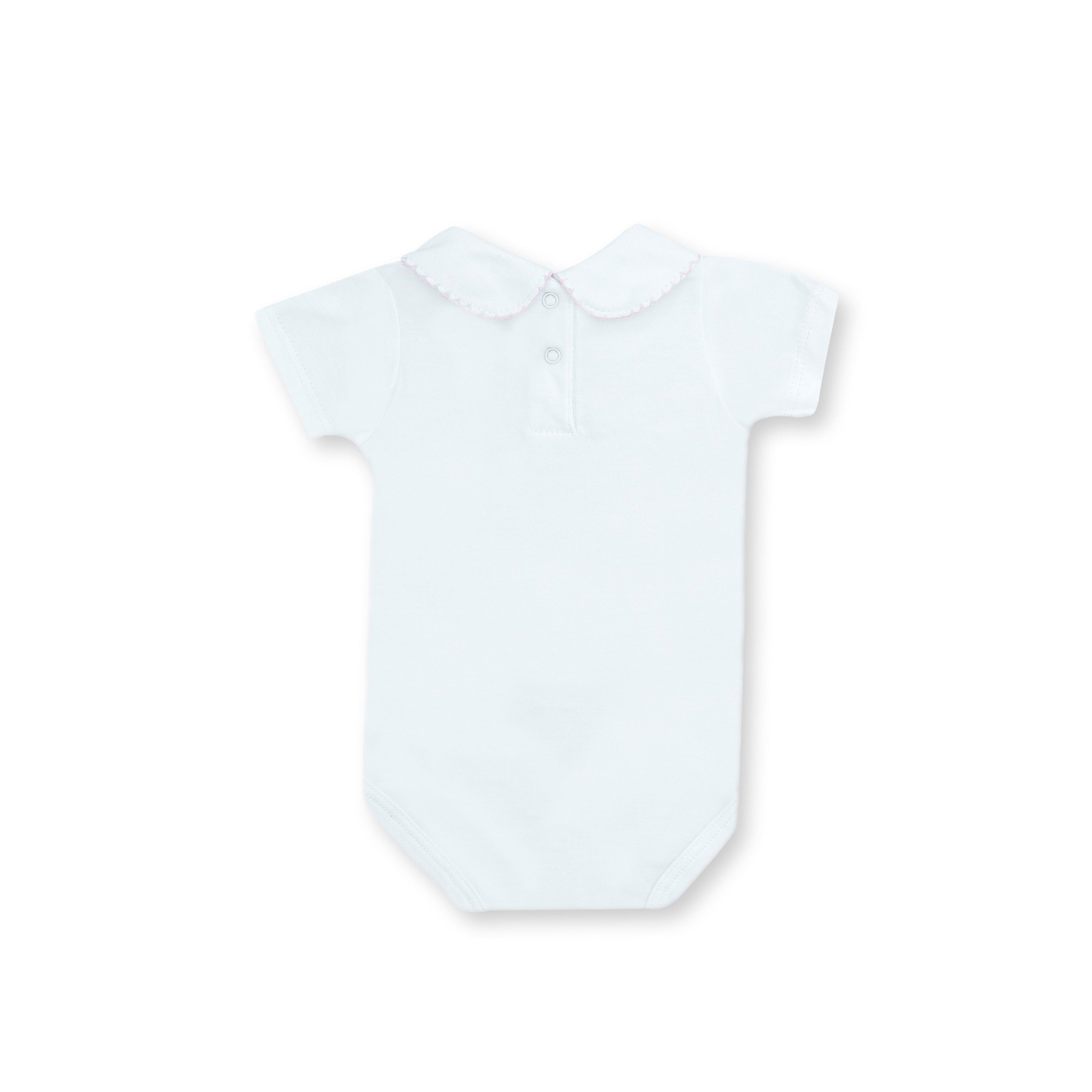 Short Sleeve Bebe Collar Bodysuit, White & Pink