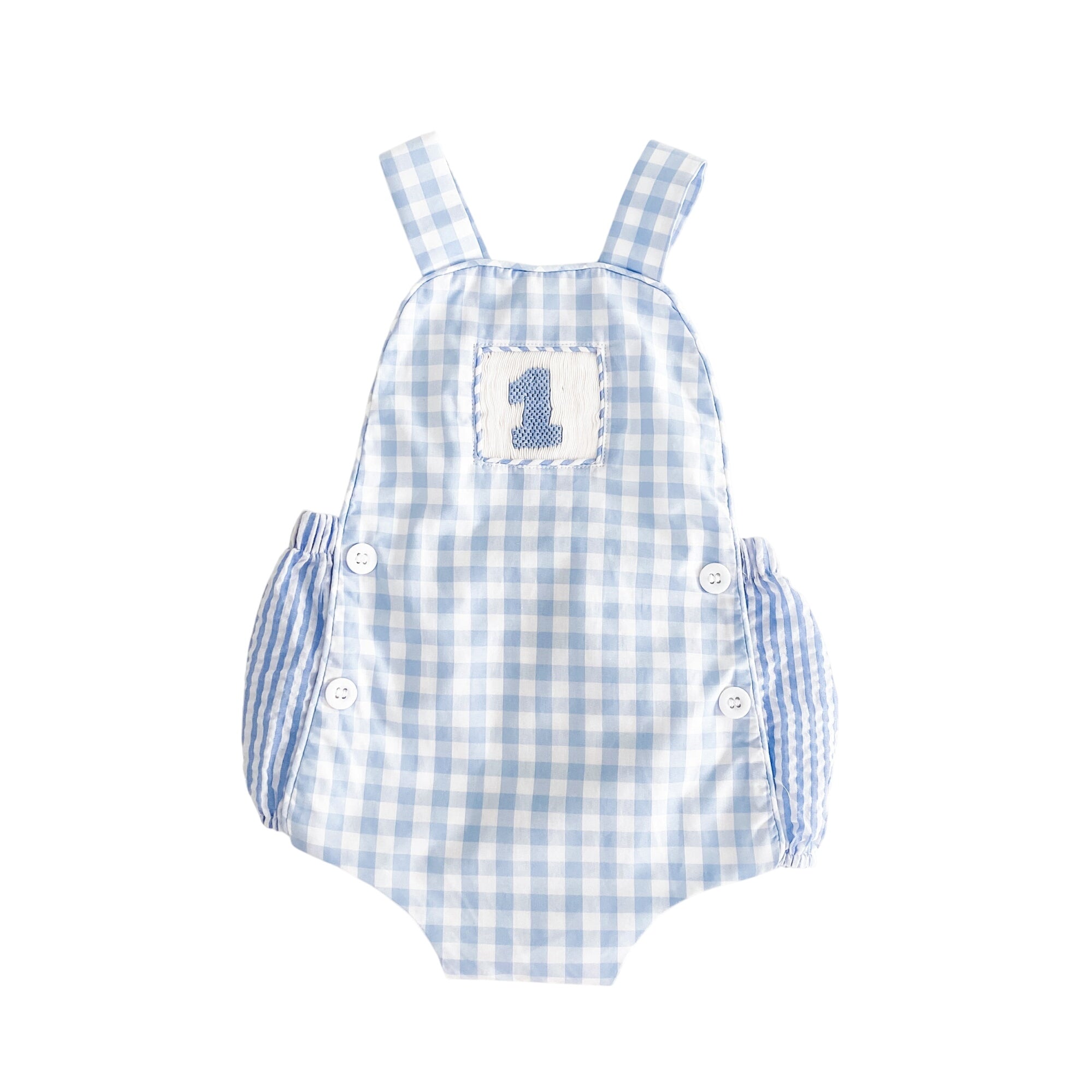 Smocked Blue First Birthday Bubble