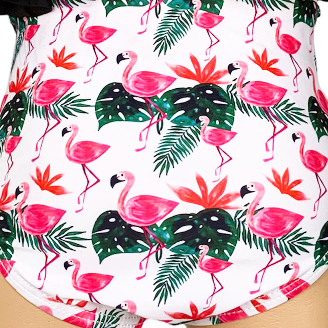 Al Limited Girls 2 Piece Black Ruffle Top Pink Flamingos Bikini Bathing Suit