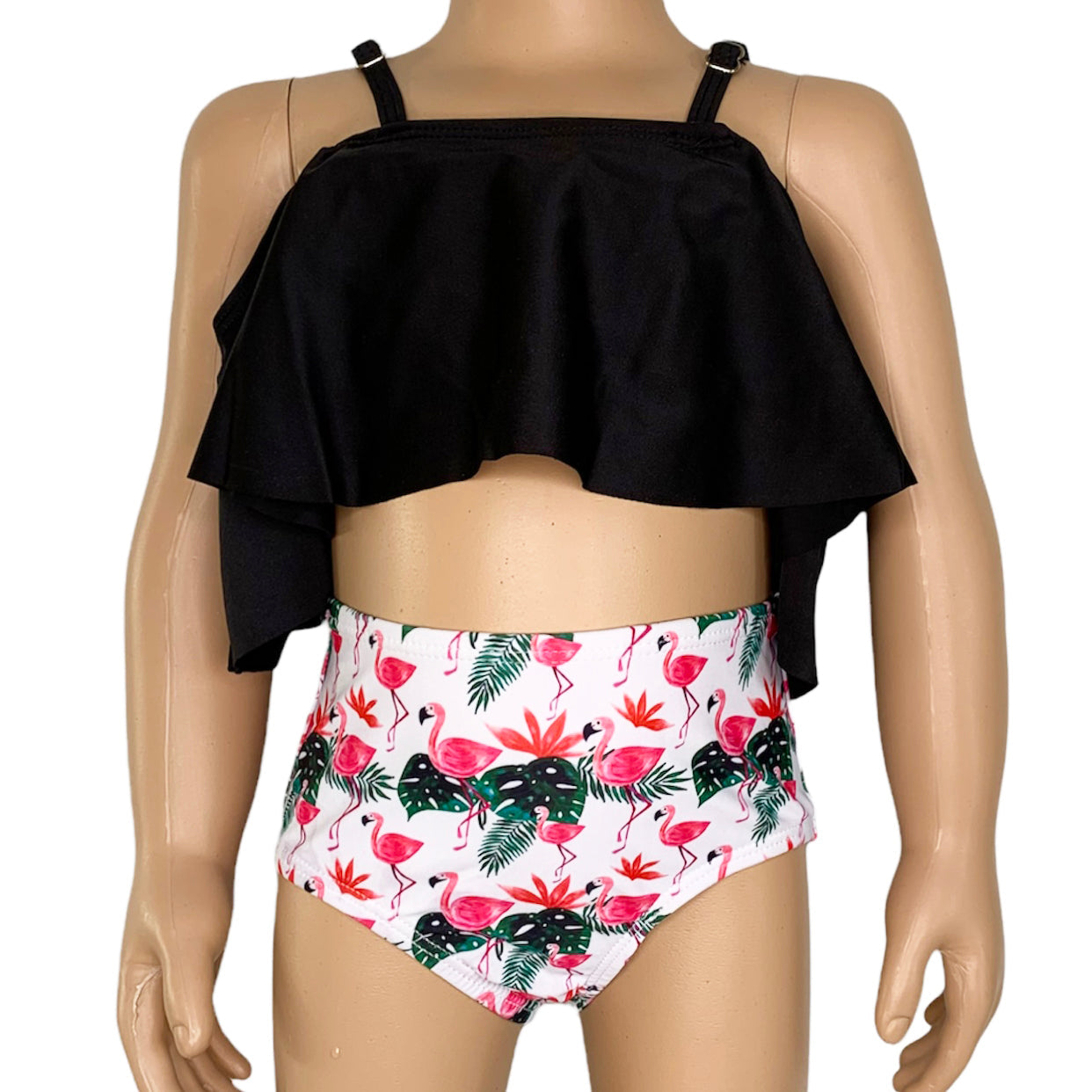 Al Limited Girls 2 Piece Black Ruffle Top Pink Flamingos Bikini Bathing Suit
