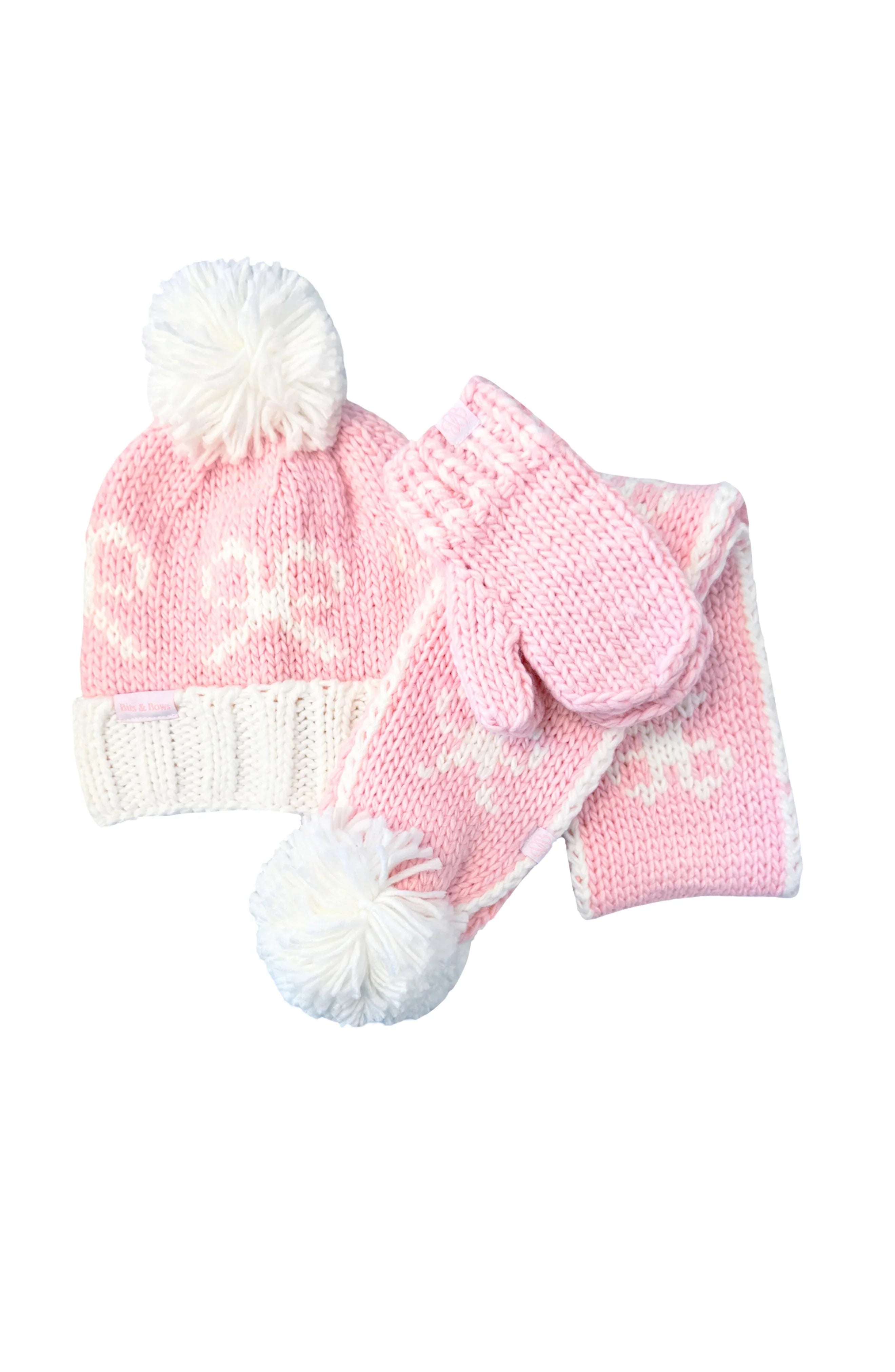 Pink Bows Bobble Hat/mittens/scarf Bundle