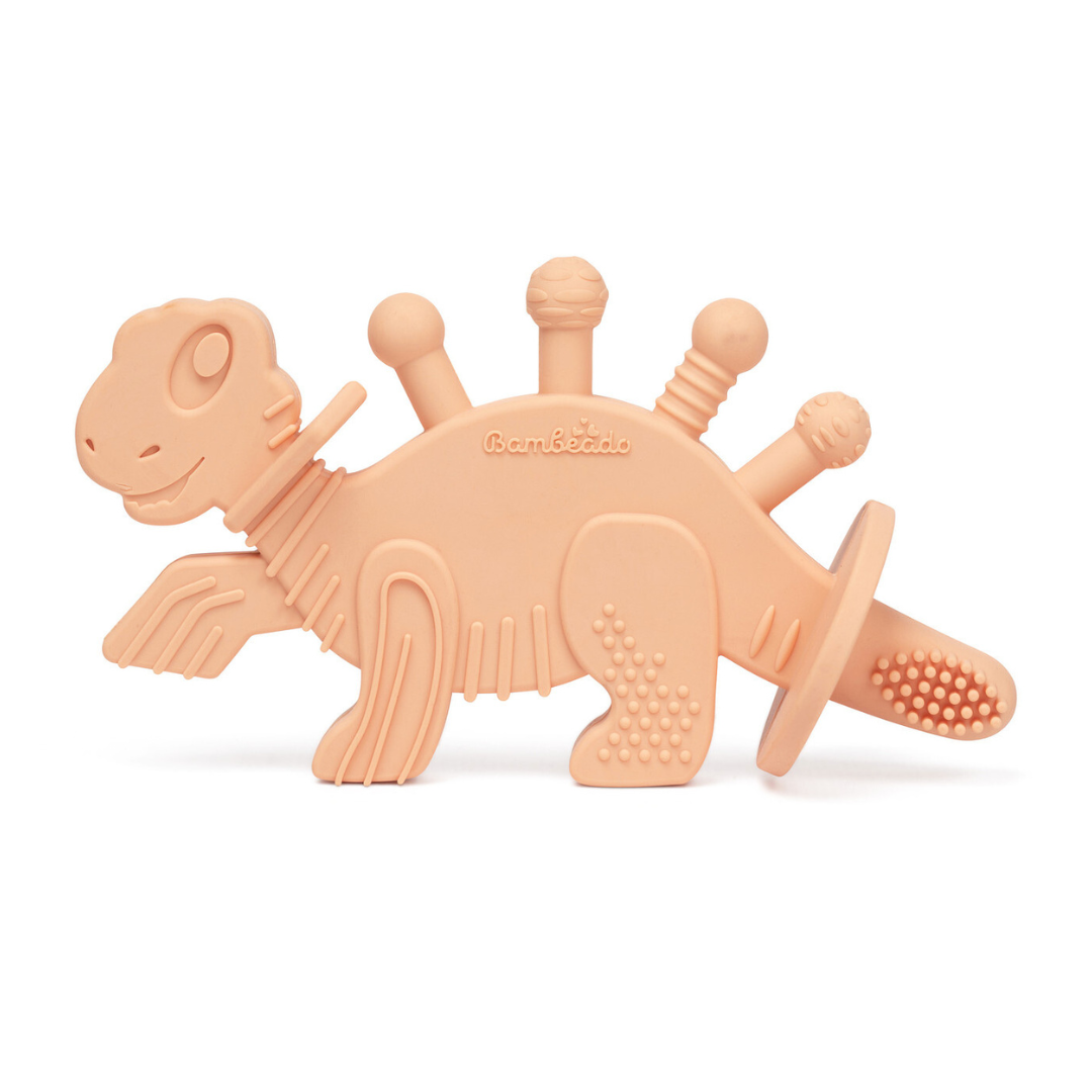 Dibly - Pink - Baltic Amber & Natural Rubber Dinosaur Teether With Toothbrush Tail