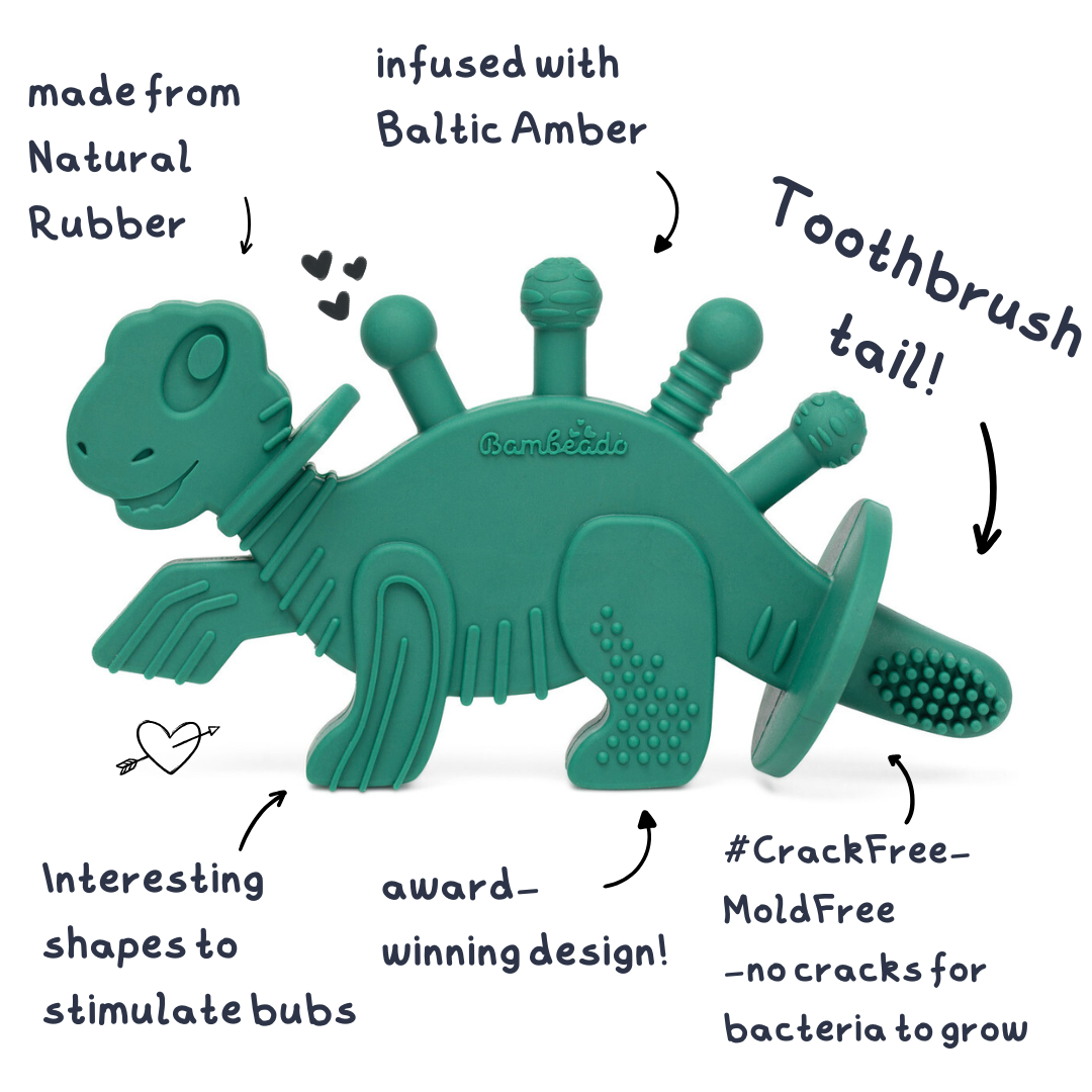 Dibly - Green - Baltic Amber & Natural Rubber Dinosaur Teether With Toothbrush Tail