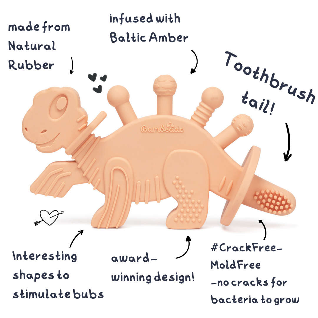 Dibly - Pink - Baltic Amber & Natural Rubber Dinosaur Teether With Toothbrush Tail