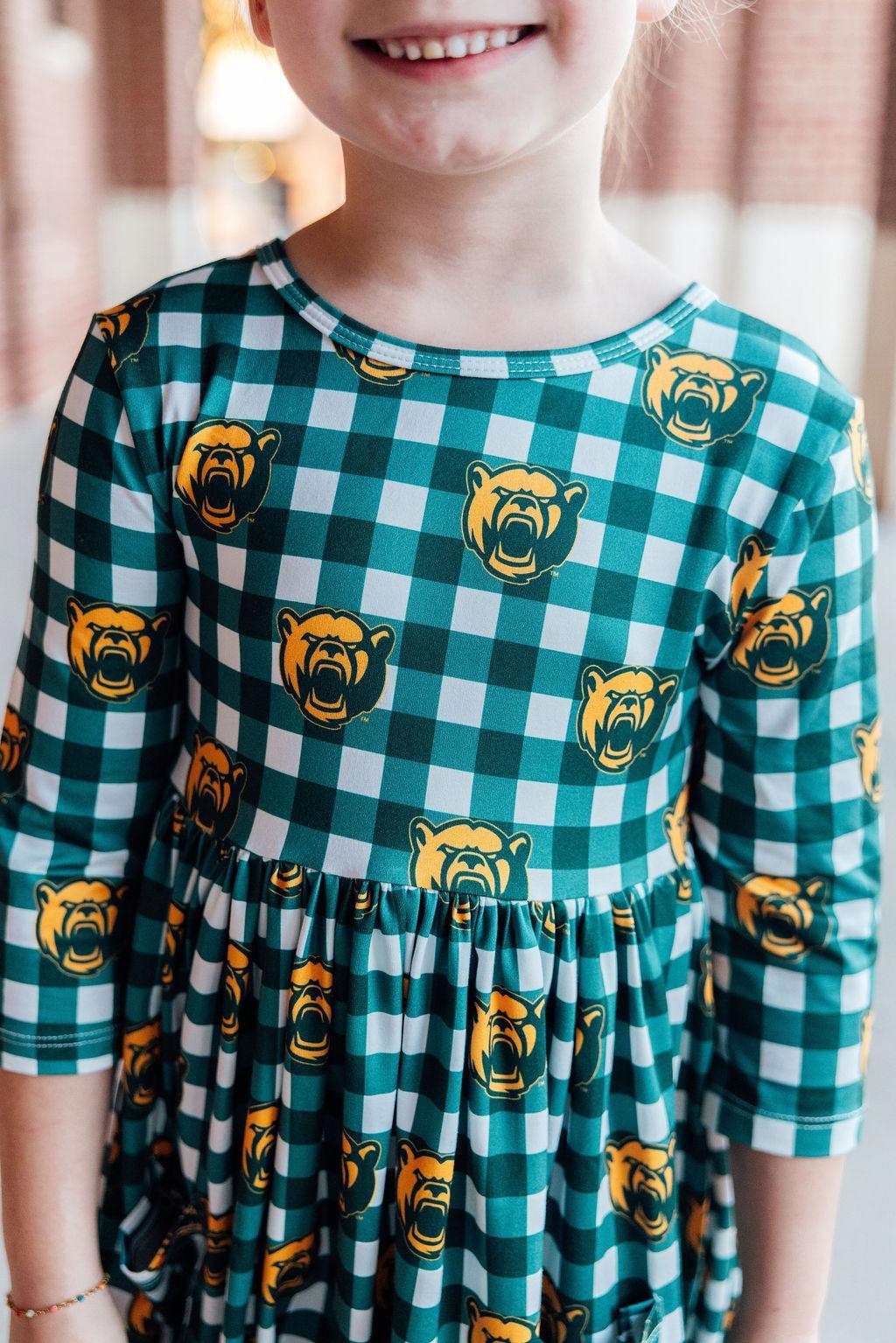 Baylor Plaid Bear 3/4 Sleeve Pocket Twirl Dress