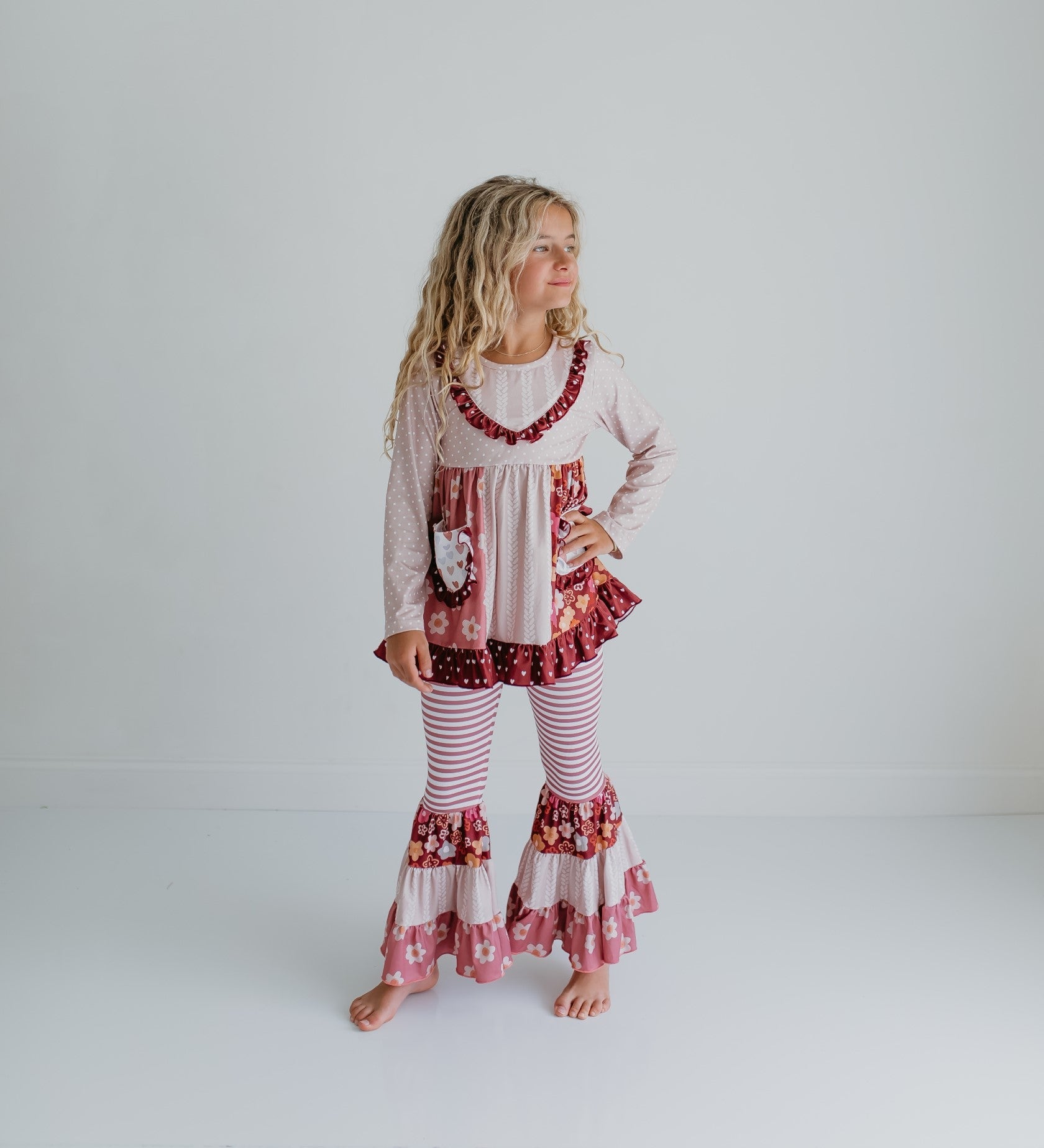 Beige Floral Bell Bottom Pant Set