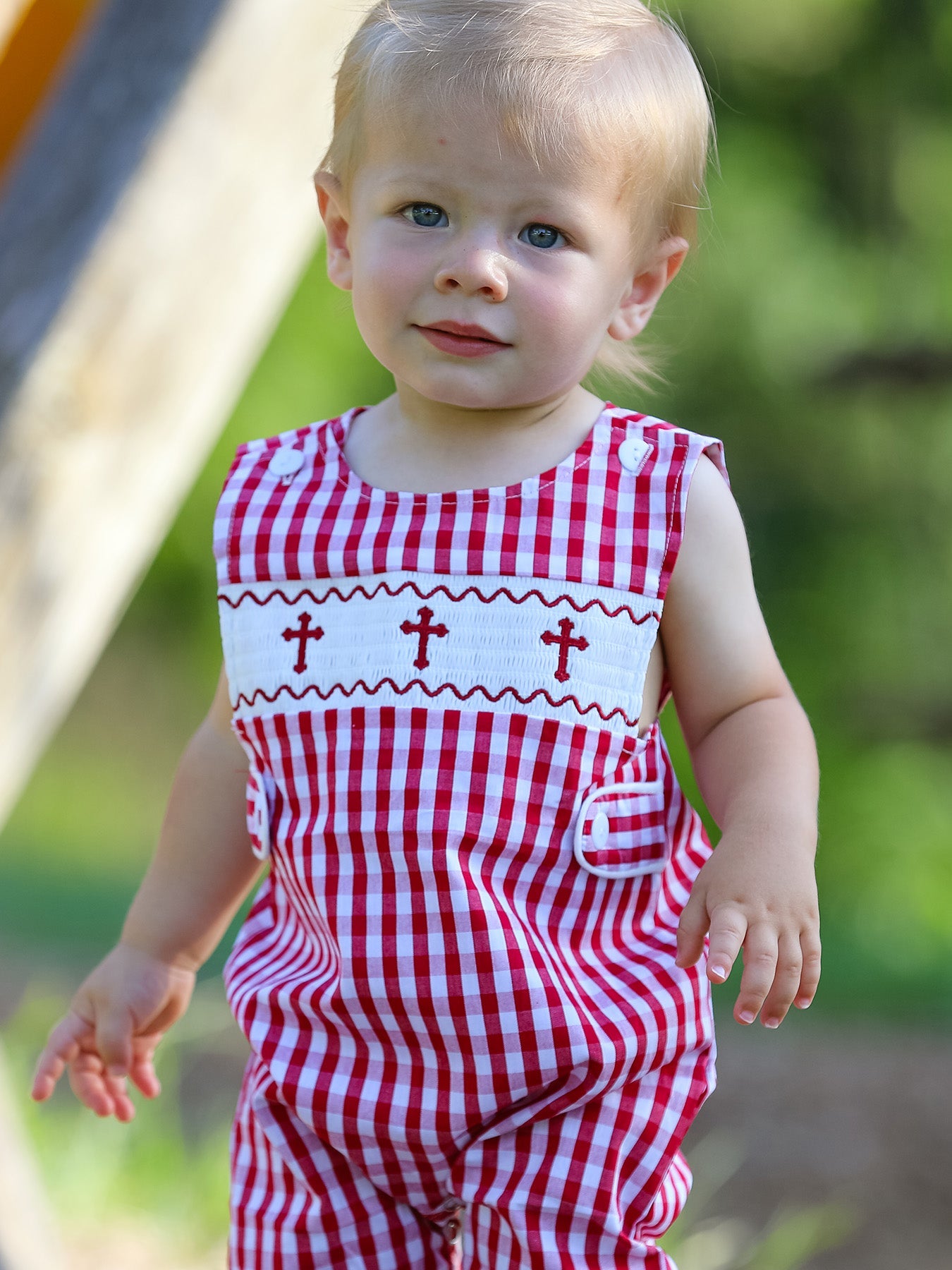 Red Plaid Smocked Church Christ Bishop Christening Baby Boys' Romper