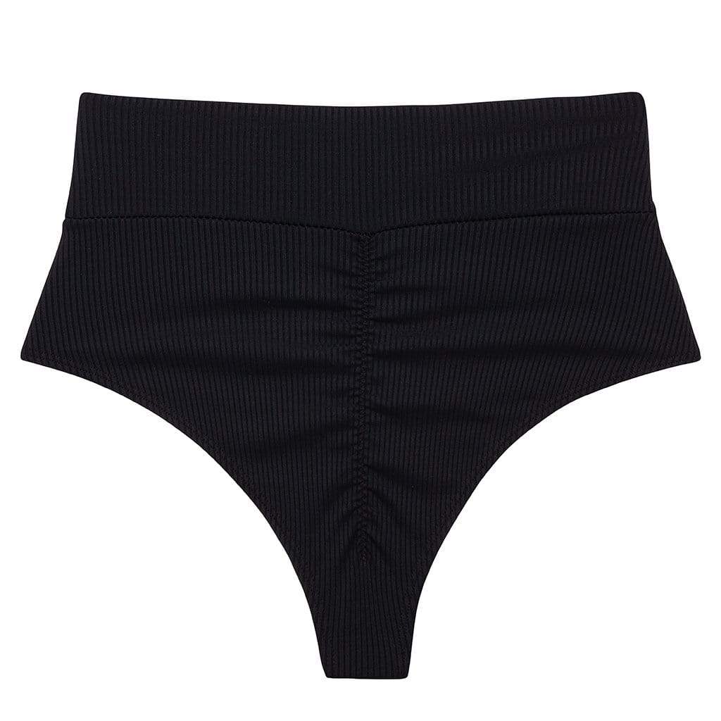 Black Rib Added Coverage High Rise Bikini Bottom