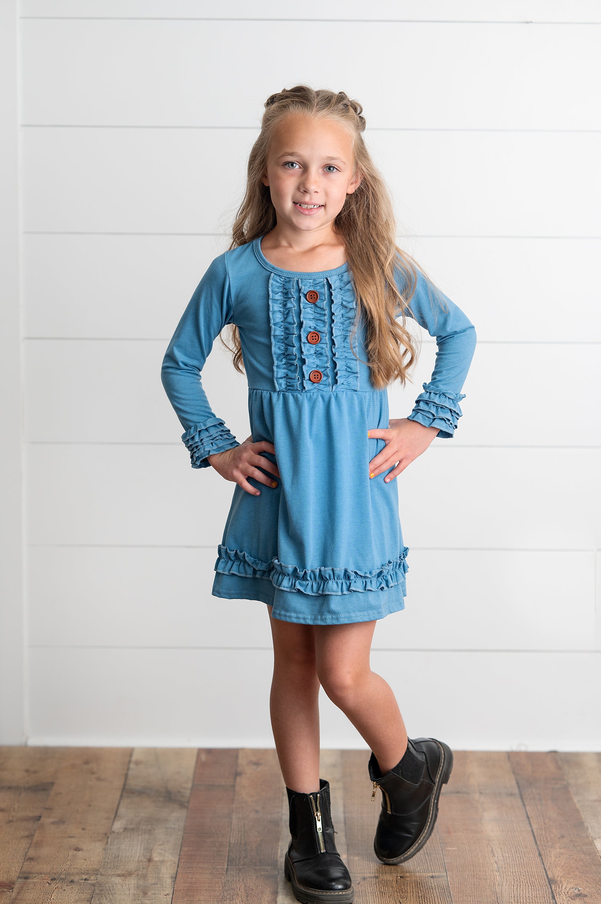 Solid Blue Ruffle Long Sleeve Dress