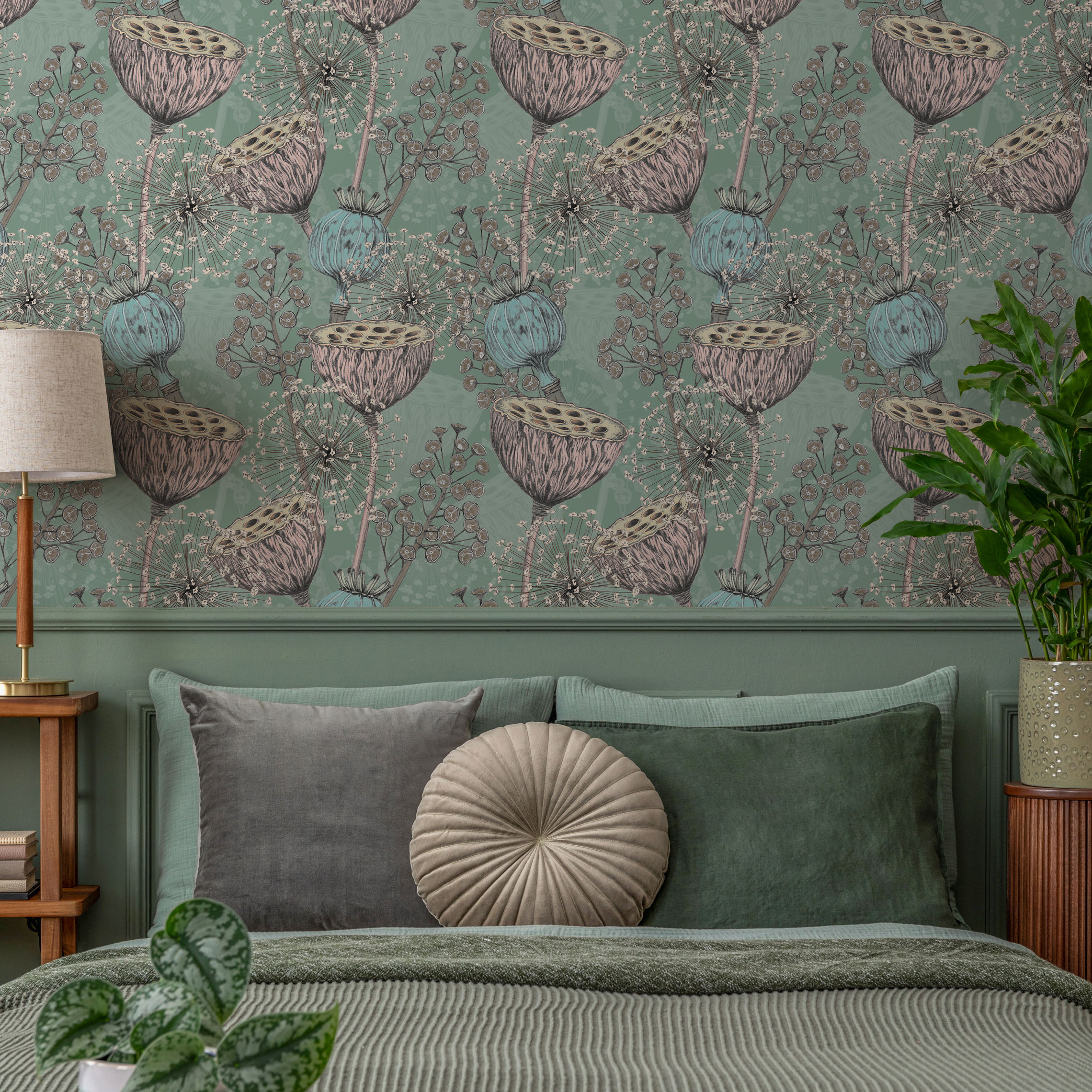 Botanical Wallpaper With Lotus And Poppy Seed Pods In Green, Pink, And Blue - C001