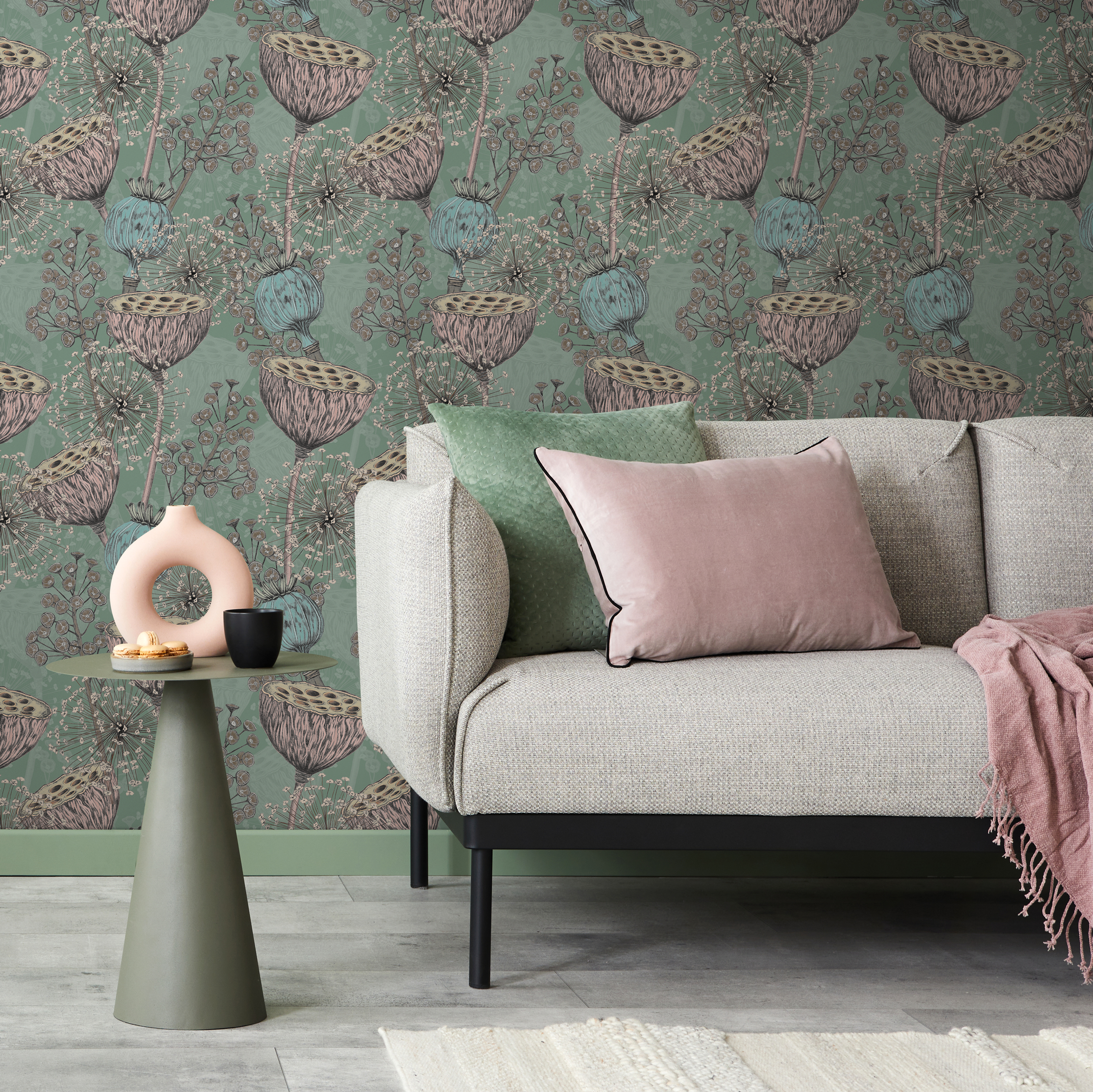 Botanical Wallpaper With Lotus And Poppy Seed Pods In Green, Pink, And Blue - C001
