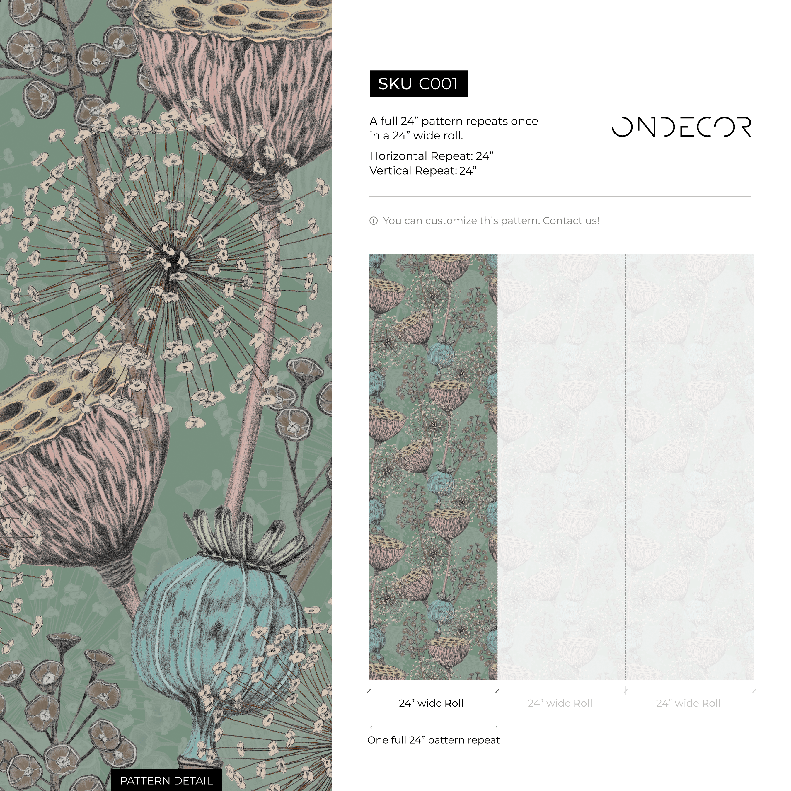 Botanical Wallpaper With Lotus And Poppy Seed Pods In Green, Pink, And Blue - C001