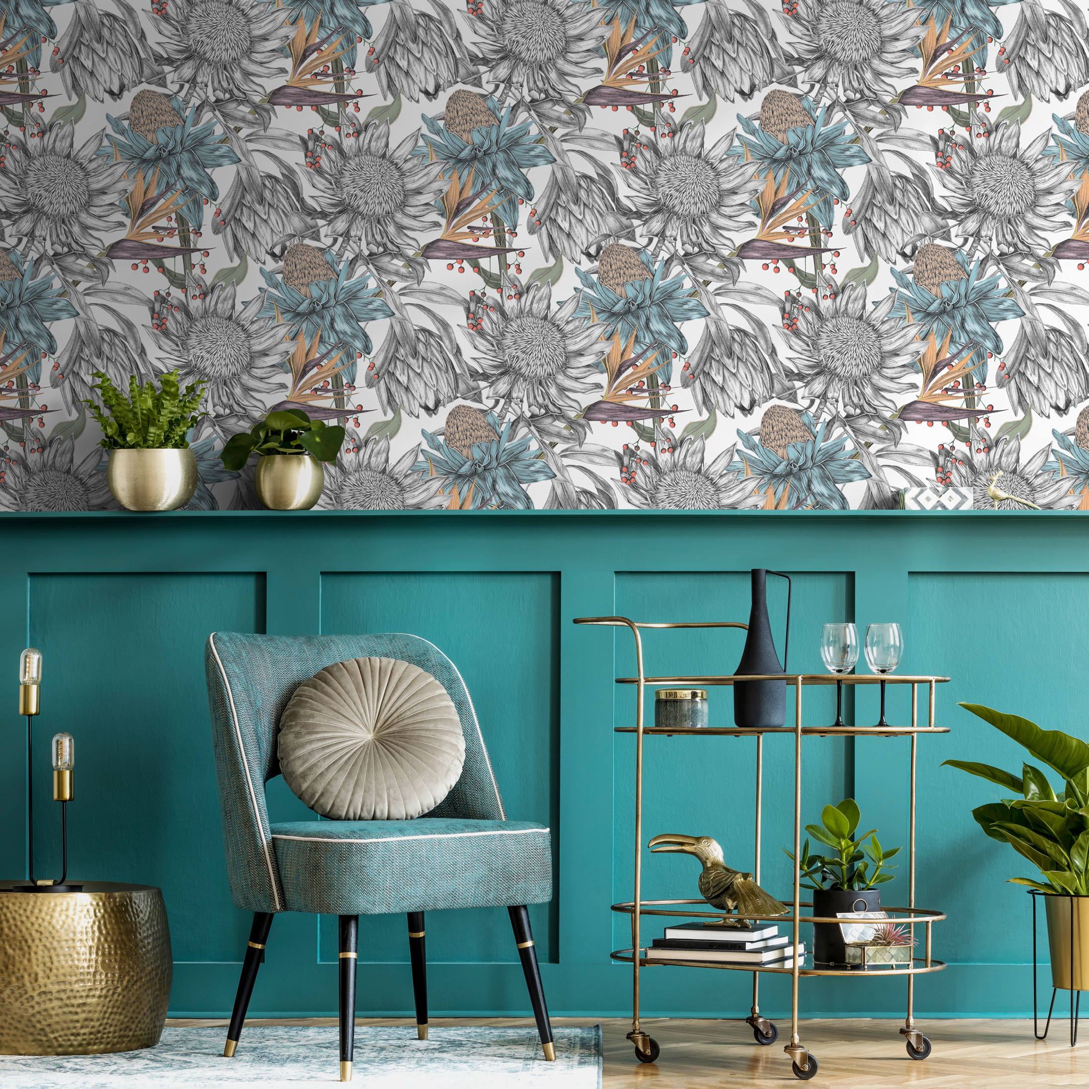 Floral Wallpaper With Sketched Proteas In Blue, Orange, And Gray - C002
