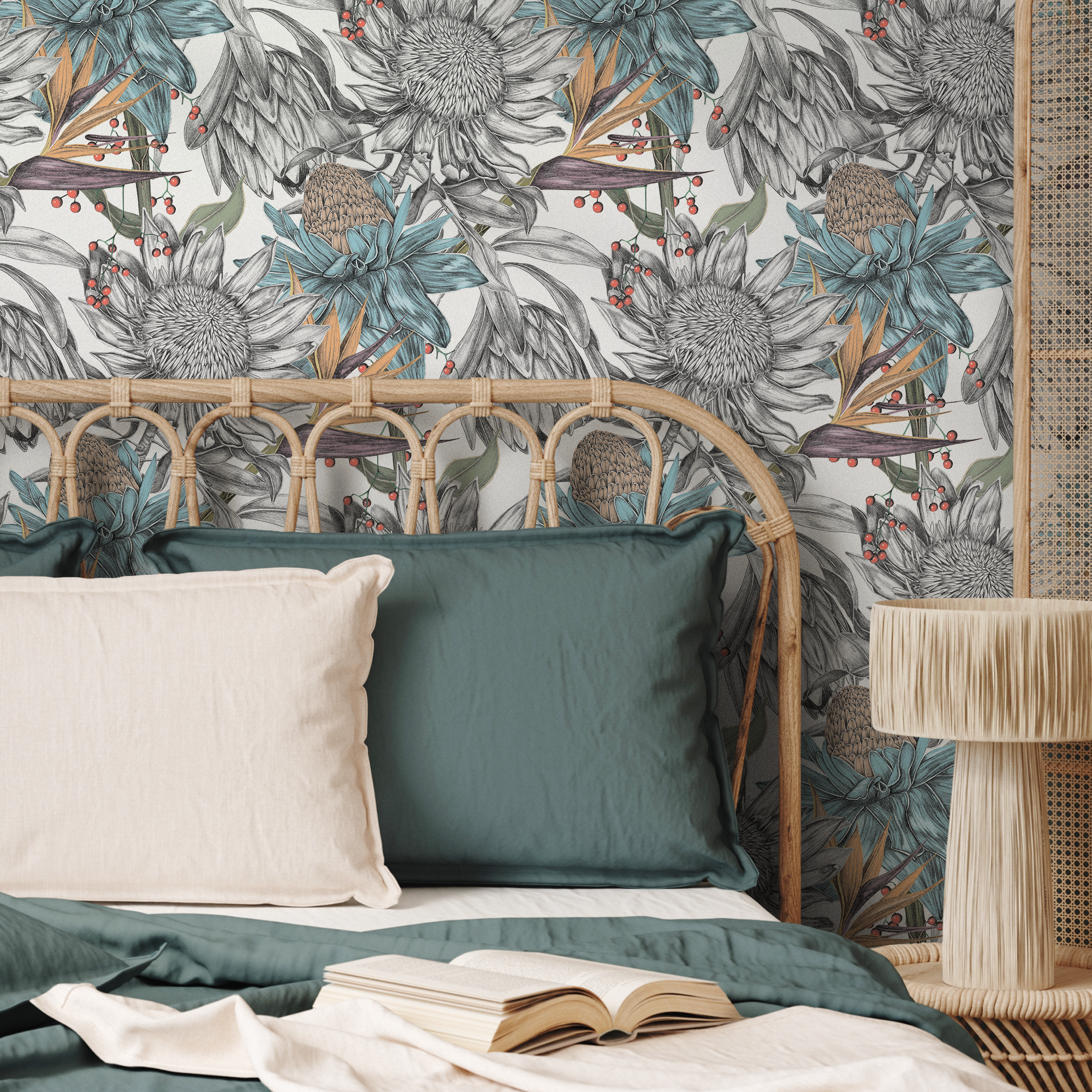 Floral Wallpaper With Sketched Proteas In Blue, Orange, And Gray - C002