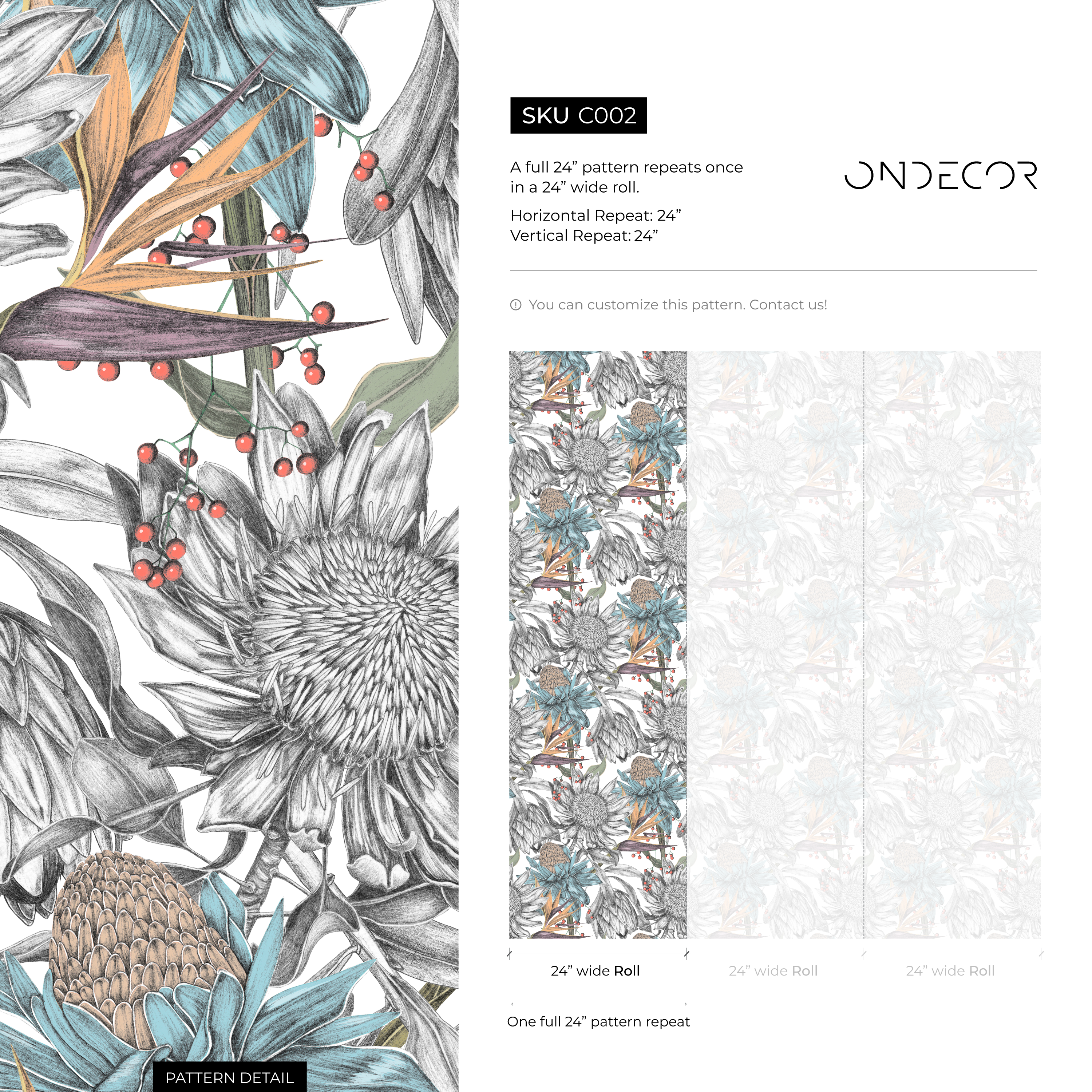 Floral Wallpaper With Sketched Proteas In Blue, Orange, And Gray - C002