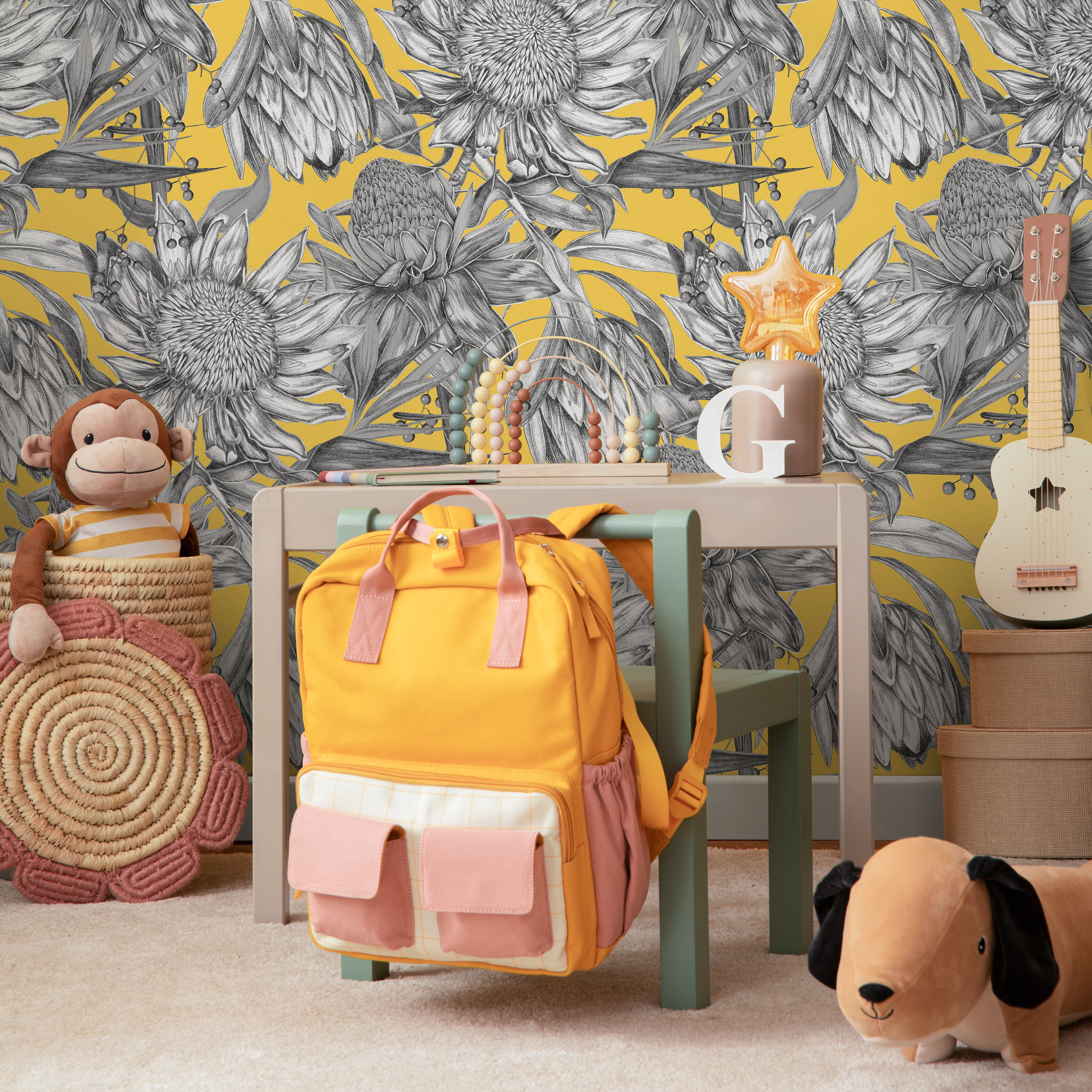 Botanical Wallpaper Featuring Illustrated Protea Flowers In Yellow, Gray, And Black - C003